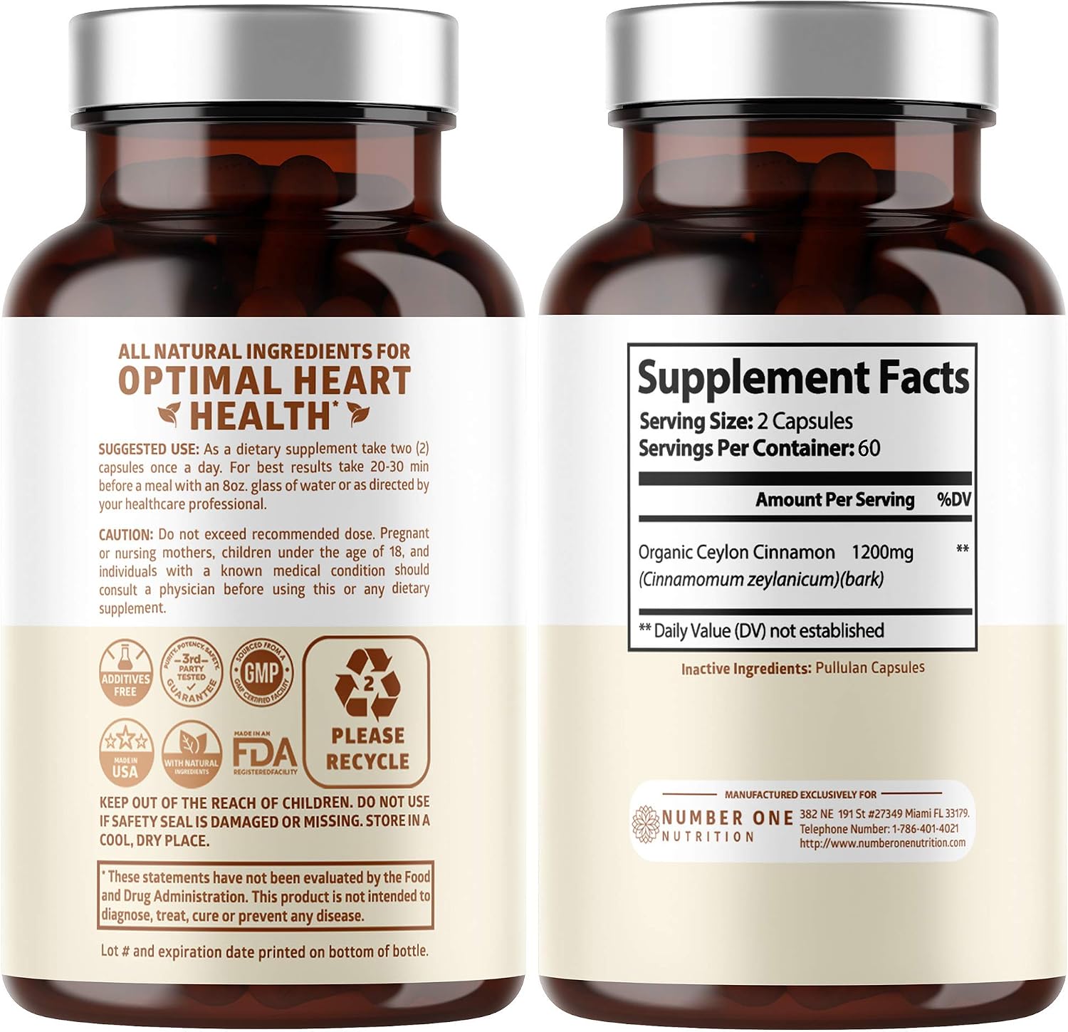N1N Premium Ceylon Cinnamon 1200mg [100% Organic Ceylon Cinnamon] Natural Supplement to Support Healthy Circulation, Brain and Joint Function,120 Caps