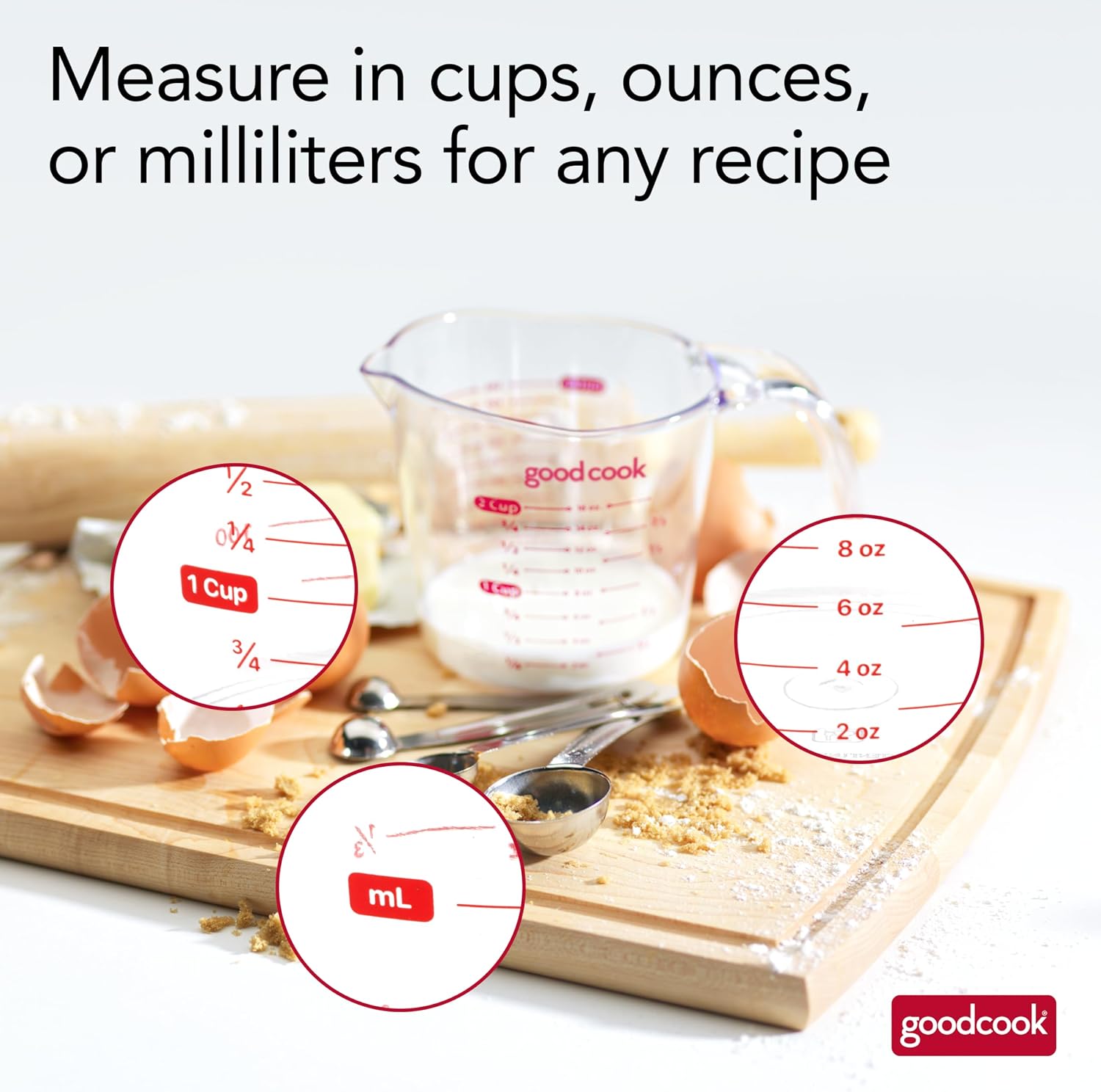 GoodCook Everyday 4-Cup Liquid Measuring Cup, Clear Plastic with Easy-to-Read Markings, Tapered Pour Spout, Comfortable Handle, Measures in Cups, Ounces, Pints, and Milliliters