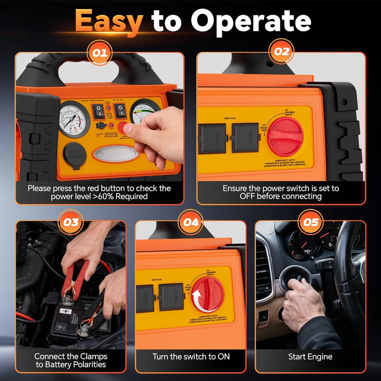 Portable Jump Starter with Air Compressor, FlyAuto 2200A Battery Booster for Cars, Trucks & SUVs, Up to 8.5L Gas & 8.0L Diesel, 150PSI Tire Inflator