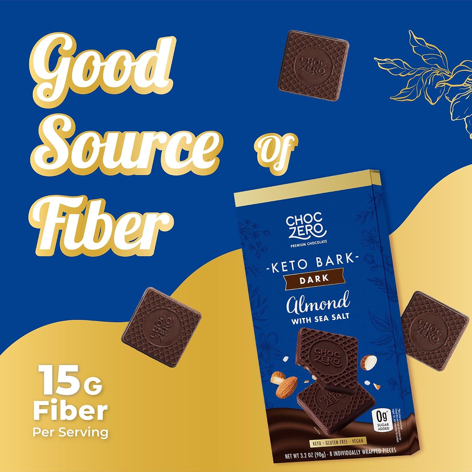 ChocZero 70% Cocoa Sugar Free Dark Chocolate Squares, Vegan, 4 Pack | No Sugar Alcohols, Keto, Low Carb, High Fiber, Gluten Free, 32 Total Candy Squares