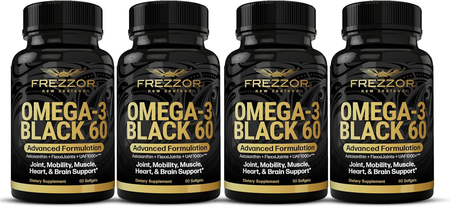 FREZZOR Omega 3 Black for Joint Care & Comfort - New Zealand Green Lipped Mussel Oil Capsules; 53x Higher Potency with UAF1000+ Super Antioxidant, No Fishy Aftertaste, 1-Pack, 60 Softgels