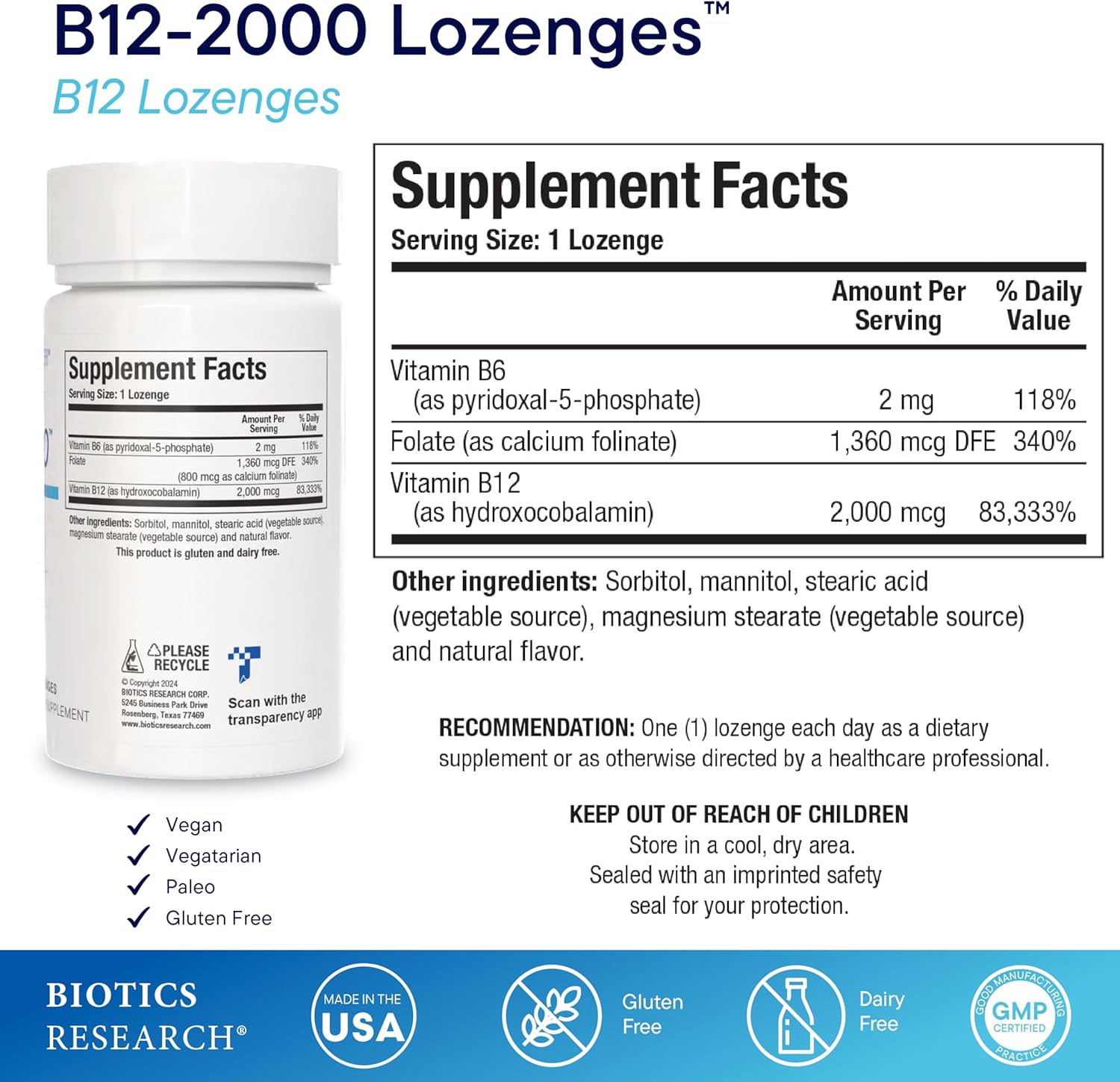 BIOTICS RESEARCH B12-2000™ Vitamin B12 2000 mcg, B6, Folate–B12 Sublingual Lozenges, Methylation Support Supplement, High Potency
