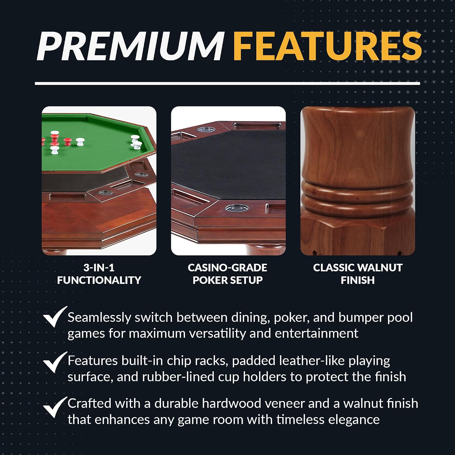 Hathaway Kingston 3 in 1 Octagon Poker Table, Dining & Bumper Pool Table for Game Rooms - Durable Hardwood, Sturdy Legs