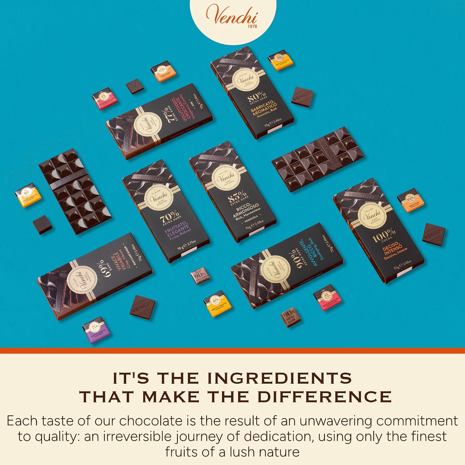 Venchi - Venezuelan Cocoa Blend - 85% Dark Chocolate Bar, 2.46oz - Single Origin Premium Fine Chocolate - Naturally Gluten Free - Vegan