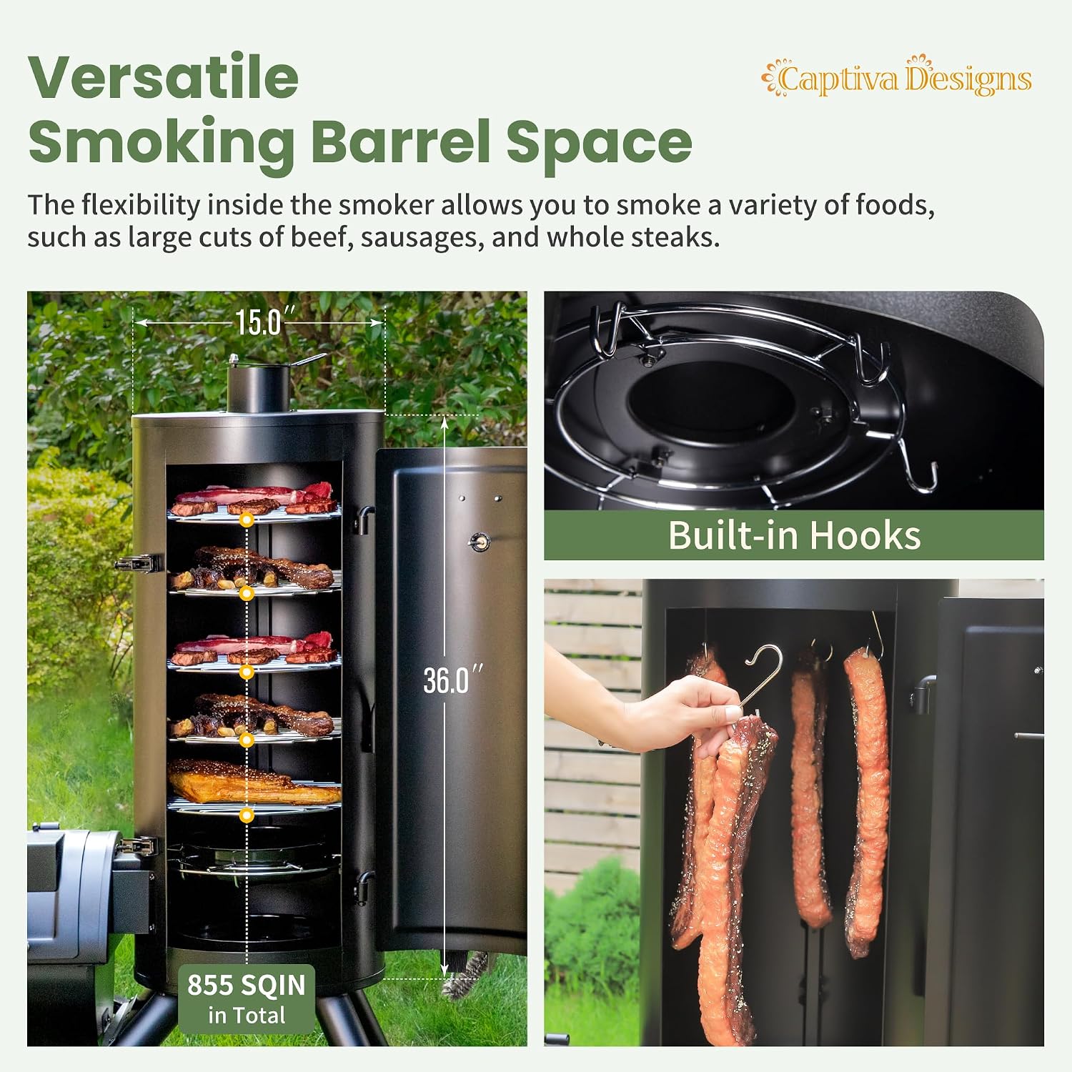 Captiva Designs Vertical Charcoal Smoker Grill Extra Large Barbecue Grill | 961 SQ.IN Outdoor Barrel BBQ Meat Smoker with 5 Removable Smoking Grates & Built-in Hooks for Outdoor Backyard Cooking