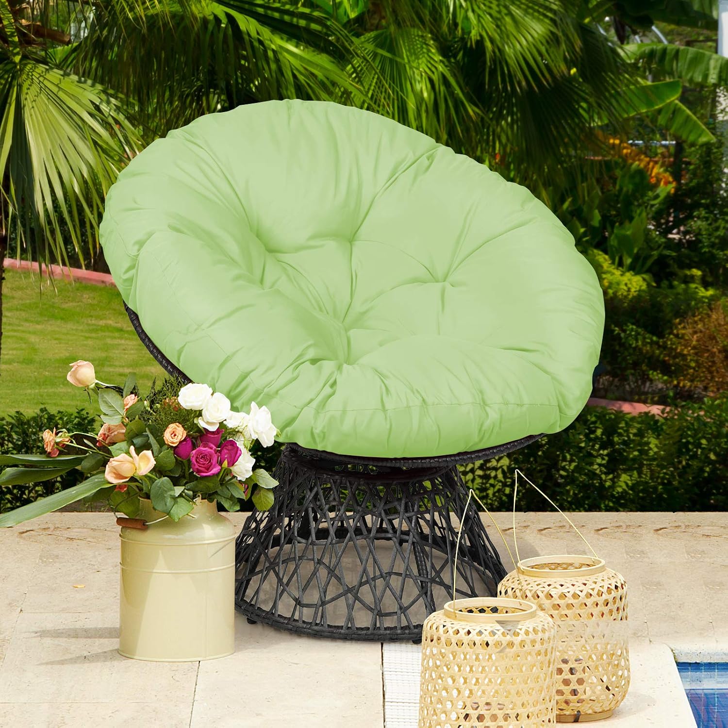 Tangkula Papasan Chair Rattan Ergonomic Chair w/ 360-degree Swivel and Soft Cushion, Solid Structure & Stable Base, Ideal for Garden, Balcony
