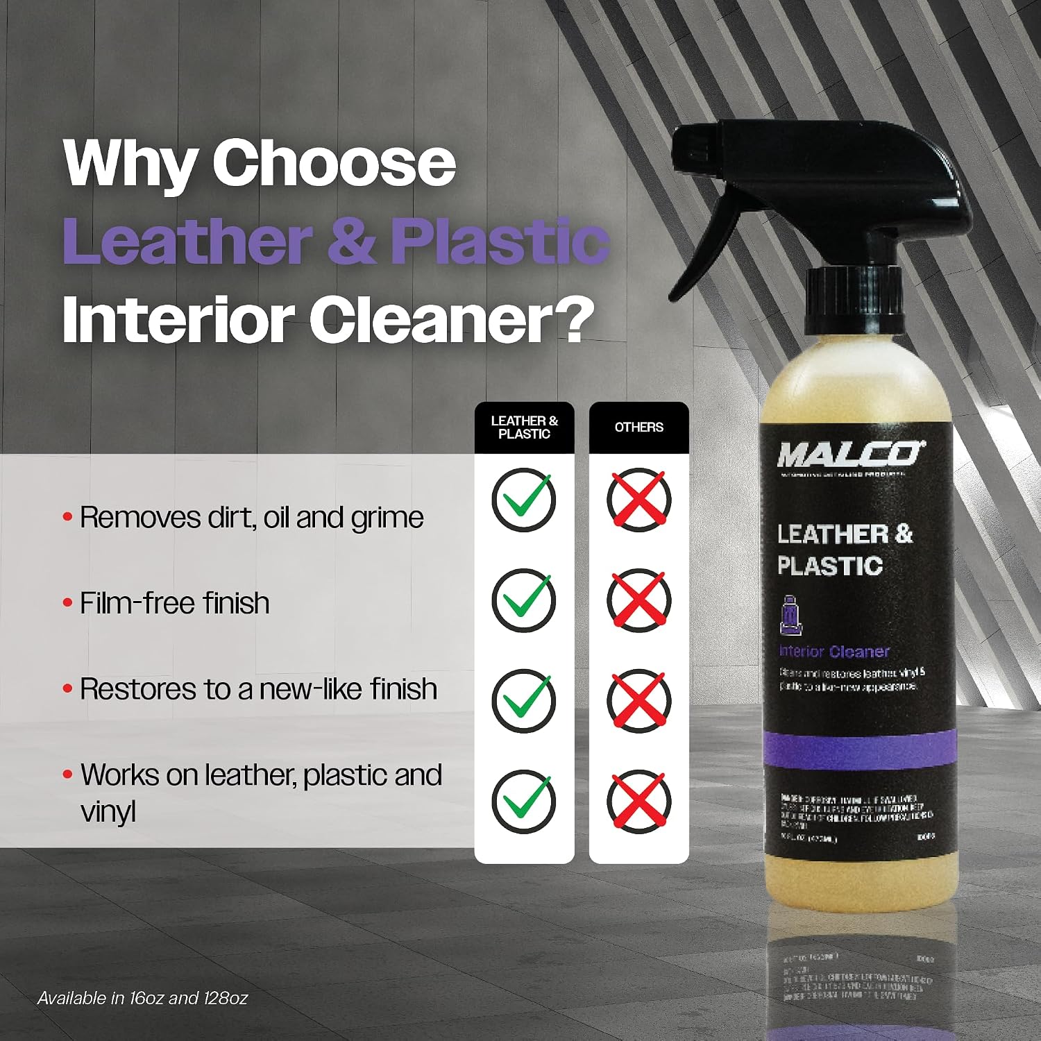 Malco Leather & Plastic Cleaner – Penetrates Deep to Remove Dirt, Grime and Oily Soils/Restores Leather, Plastic and Vinyl/Leaves Surfaces Clean, Shiny and Film-Free / 1 Gallon (100101)