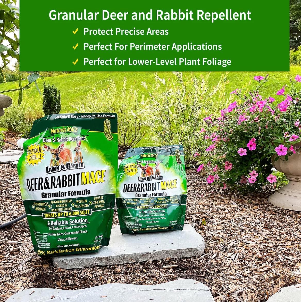 Nature's MACE Deer & Rabbit Repellent 25 lb Granules | Covers 25,000 Sq Ft, Repel Deer from Your Home & Garden, Deterrent, Safe to use Around Children, Plants, Produce.