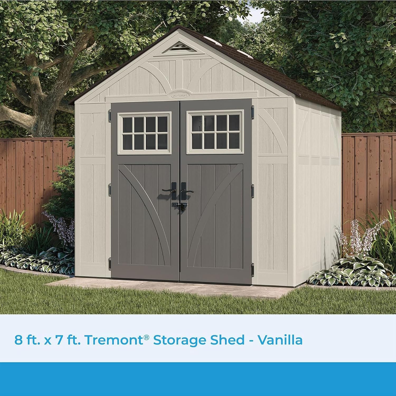 Suncast 8x7 Ft. Outdoor Storage Shed - Large Resin Shed with Floor, Lockable Double Doors