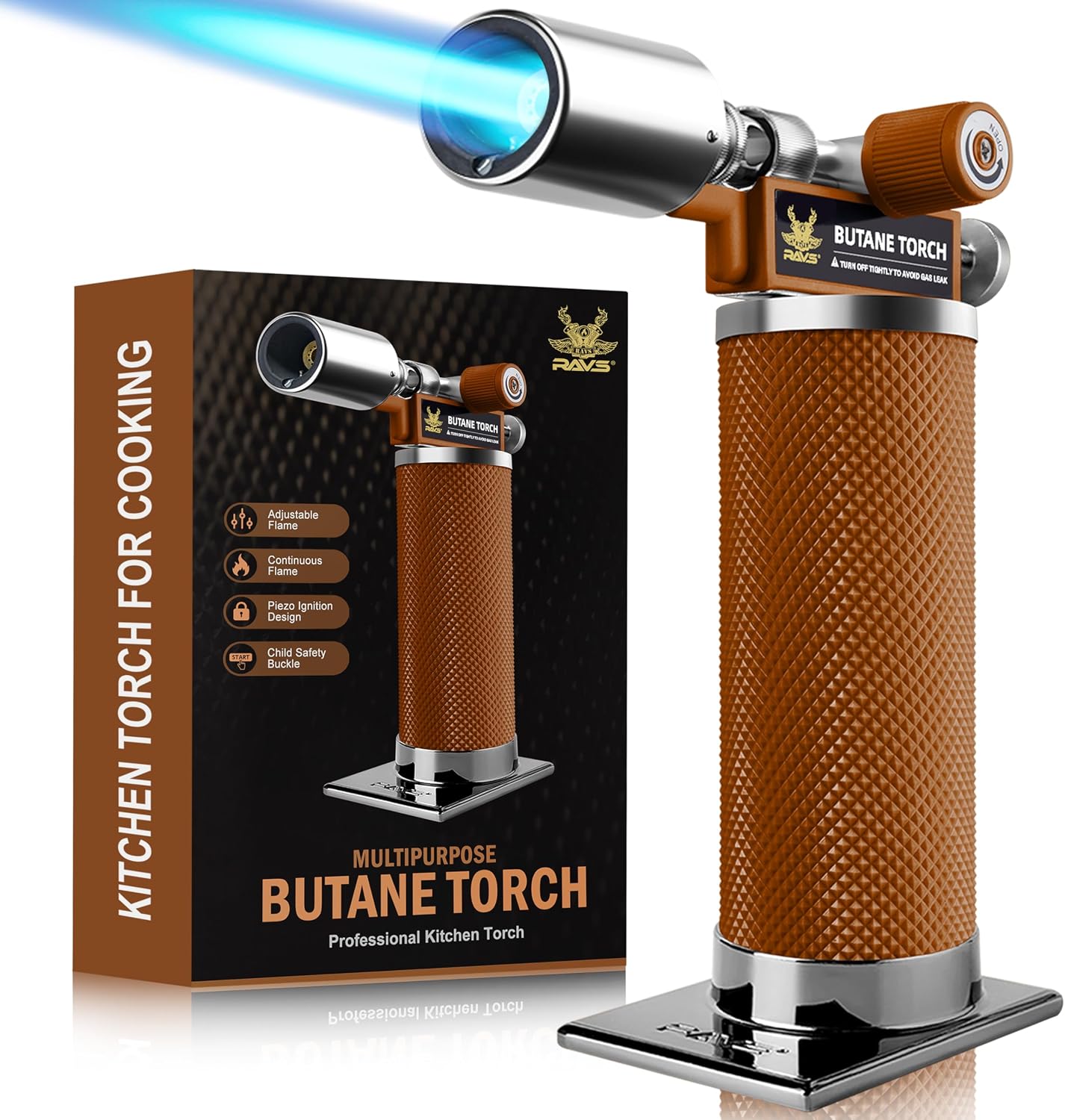 RAVS Butane Torch Lighter, Premium Metal Kitchen Torch with Adjustable Flame & Safety Buckle, Refillable Creme Brulee Torch for Baking, BBQ, DIY