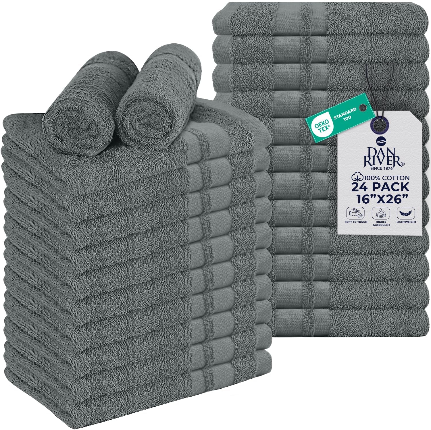 DAN RIVER 100% Cotton Salon Towels Set – 16x26 inches, Pack of 24, Highly Absorbent and Quick-Dry Towels for Hand, Salon, Spa, Beauty
