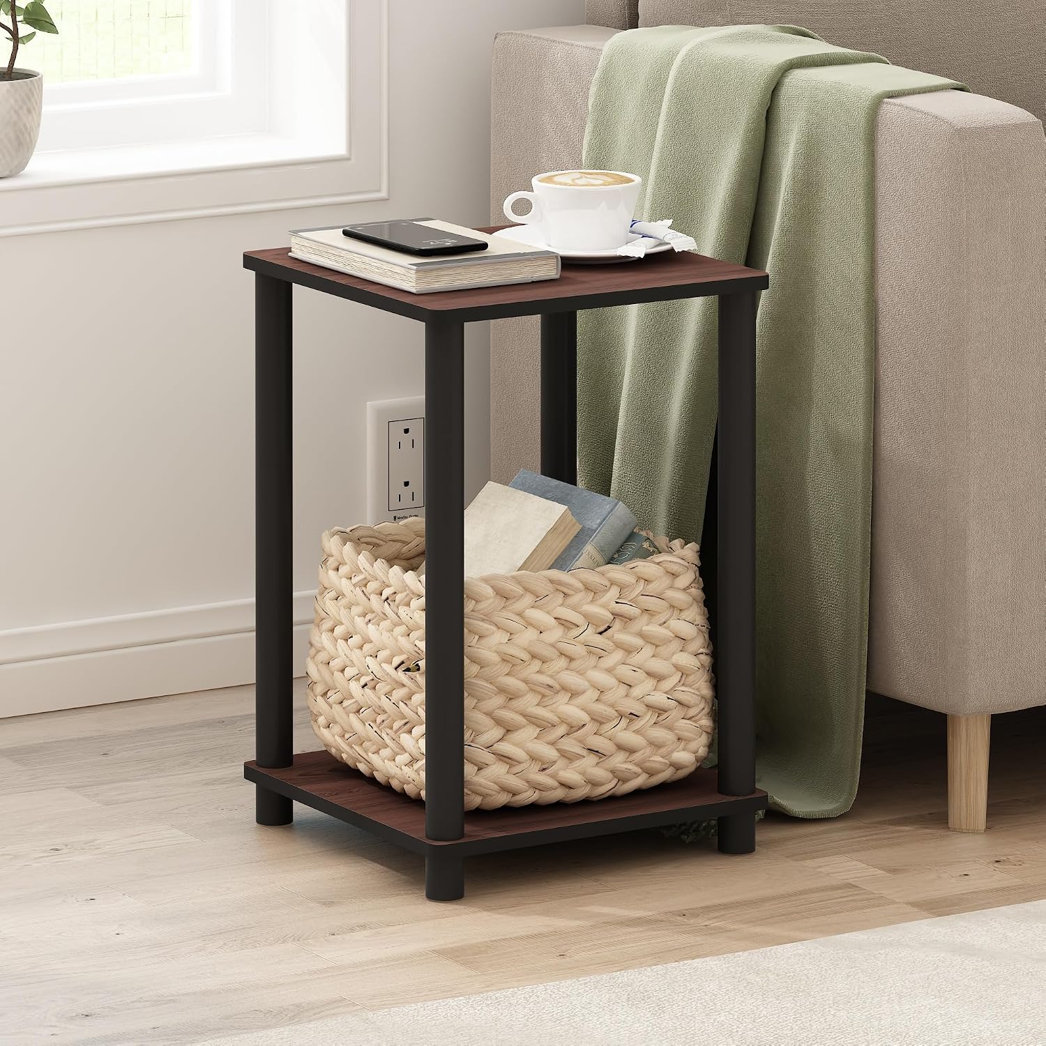 Furinno Turn-N-Tube End Table Corner Shelves, Set of 2, Dark Cherry/Black | Stackable Modern End Table with Open Shelf, Night Stand, Bedside Table, for Living Room, Bedroom