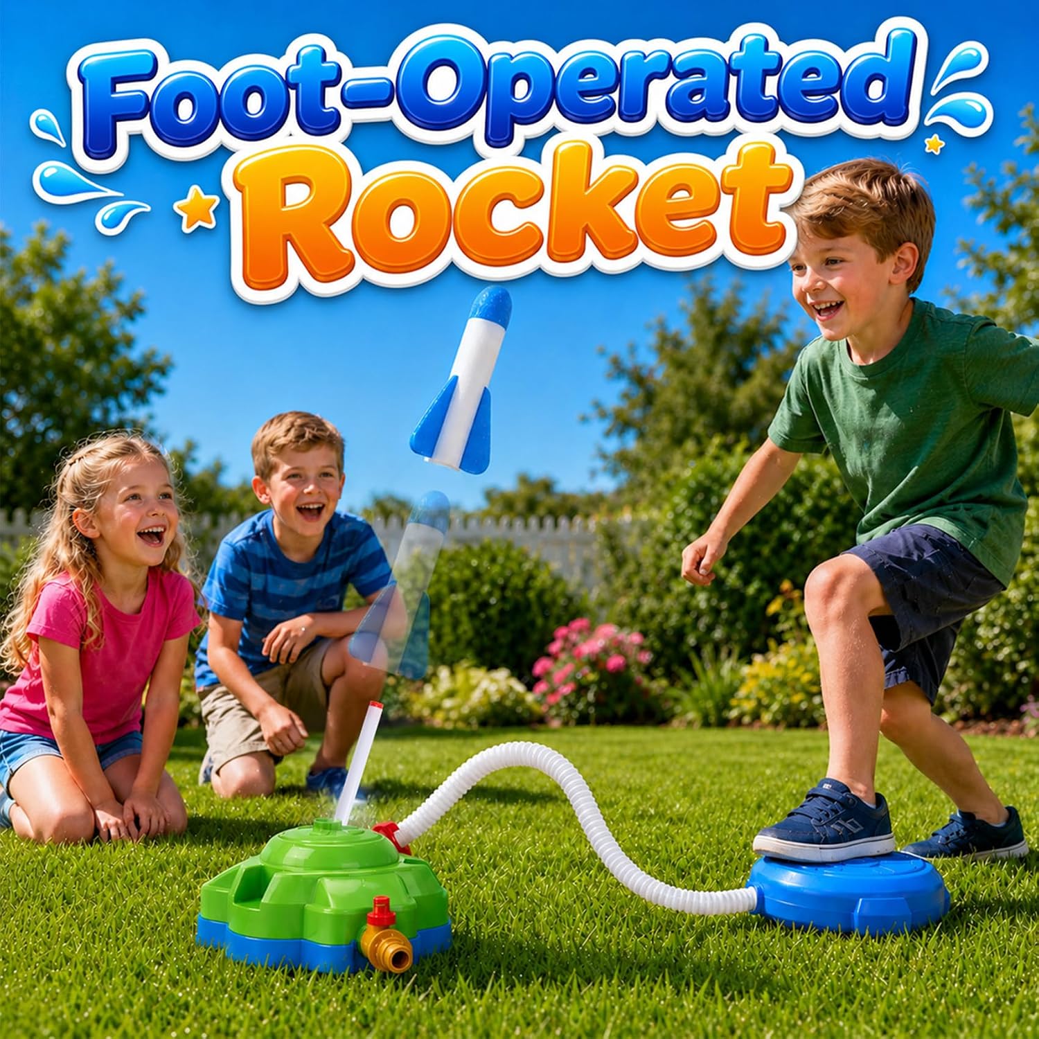 4-in-1 Kids Water Sprinkler Toys for Outdoor Play – Foot Pump Rocket, Water Spray Rocket