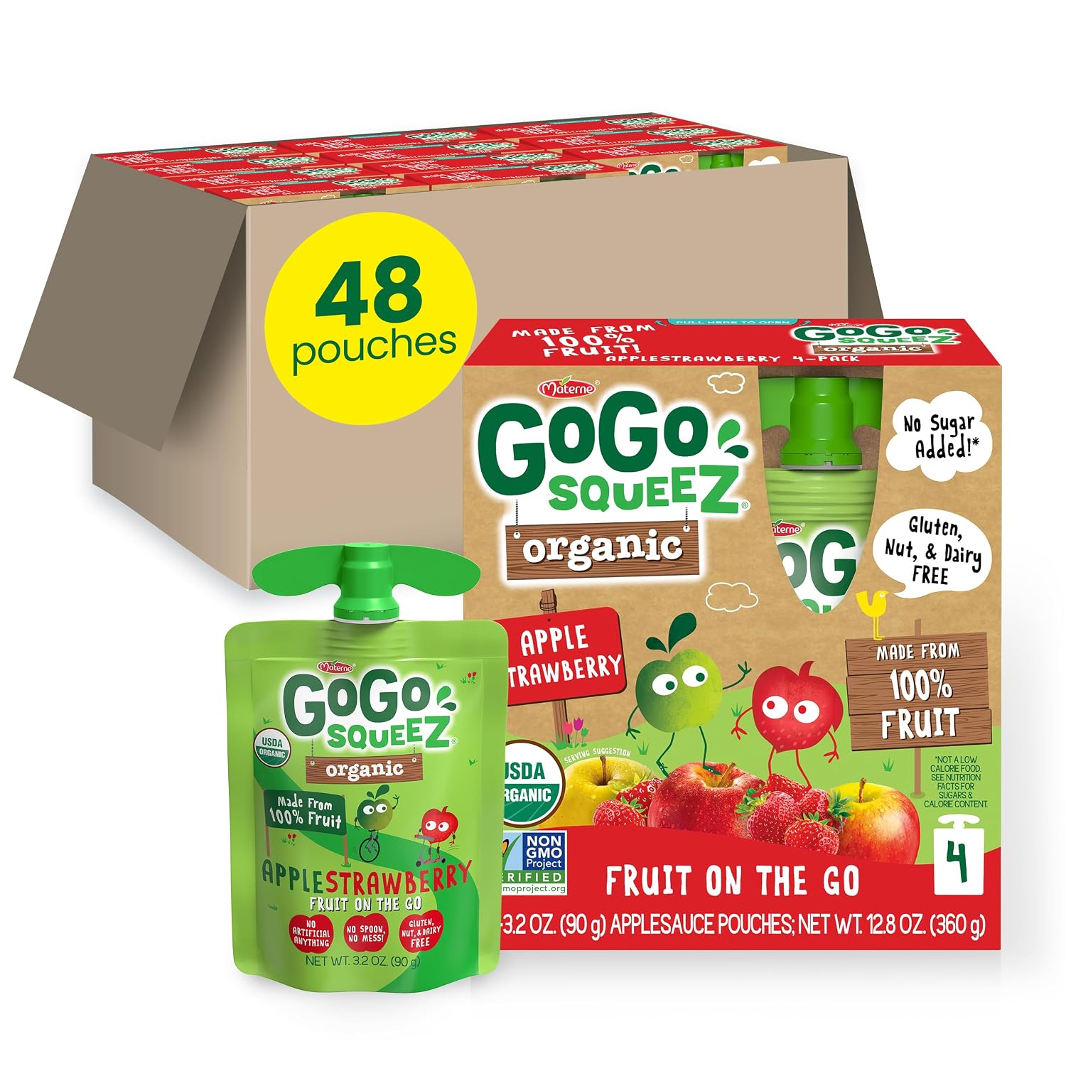 GoGo squeeZ No Sugar Added Organic Applesauce, Apple Apple, 48 Count | Kids on the go fruit snack made with applesauce & fruit puree; 3.2 oz pouches, gluten and nut free, recloseable cap, BPA-free