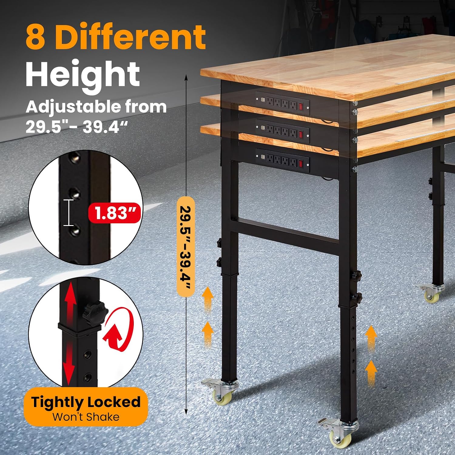 48" Adjustable Workbench, 8-Level Height Adjustable Rolling Work Table with Casters & Scale, Sit & Stand 2-in-1 Garage Tool Table with Pegboard & Hooks, for Workshop, Warehouse, DIY Projects