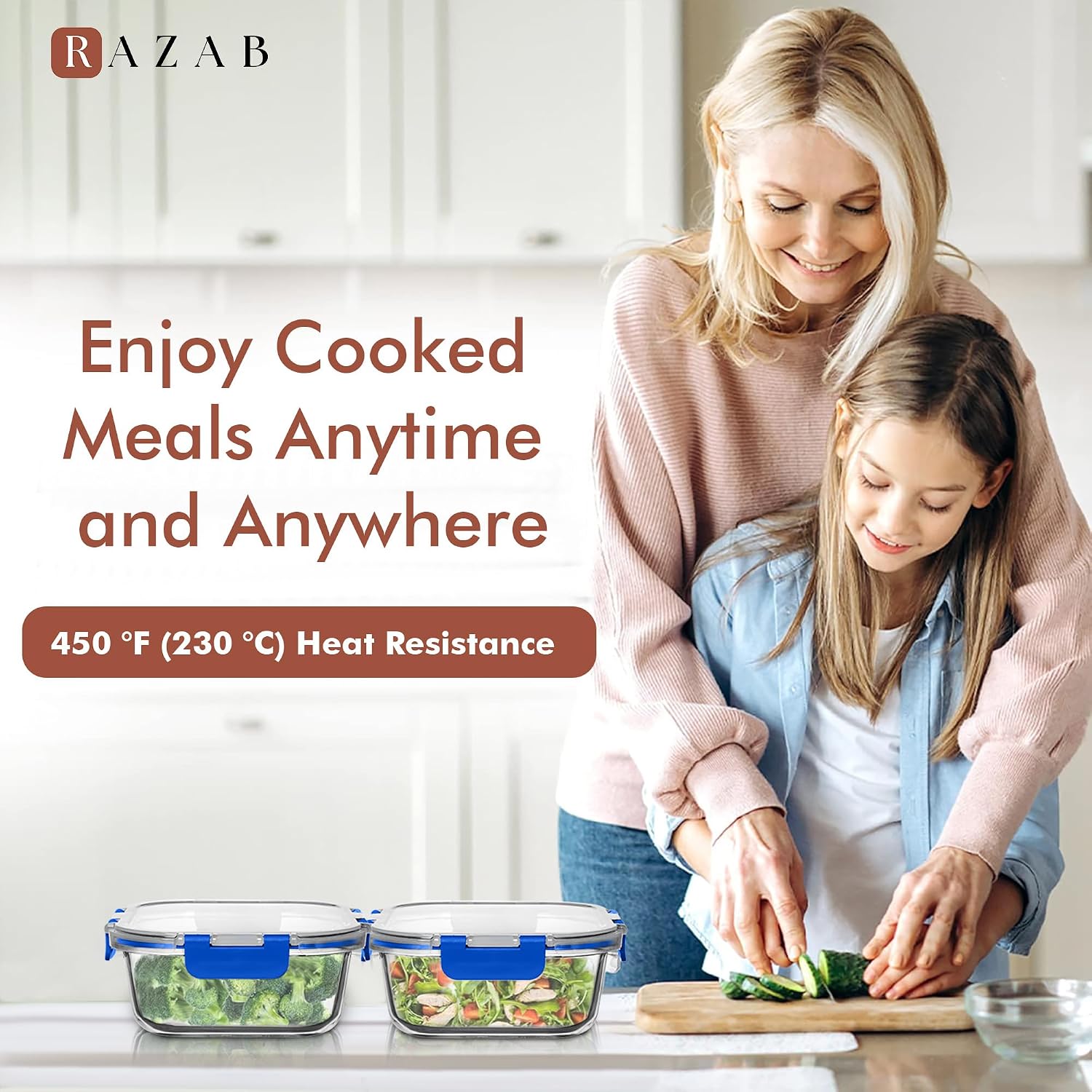 Razab 2 PC 1200ML / 41 Oz Glass Food Storage Containers with Lids - Airtight & Leakproof - Microwave/Oven/Freezer Safe - BPA Free - Ideal for Meal