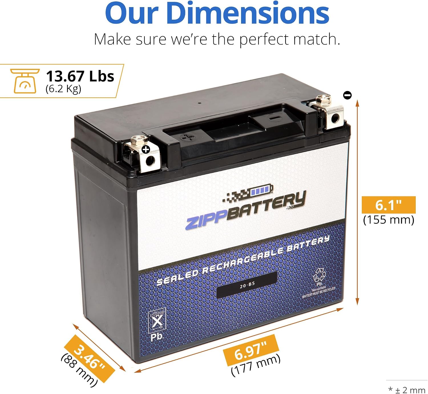 ZIPPBATTERY YTX20-BS Maintenance-Free 12V 19Ah Battery Replacement for ATV, Motorcycle, Jet Skis, Scooter, UTV, and More - Nut and Bolt (T3) Terminal