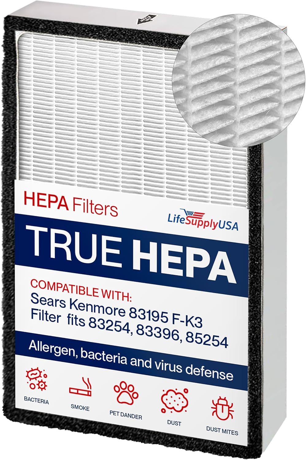 True HEPA Filter Replacement Compatible with Sears Kenmore 83195 F-K3 Filter fits 83254 83396 85254 Air Purifiers by LifeSupplyUSA