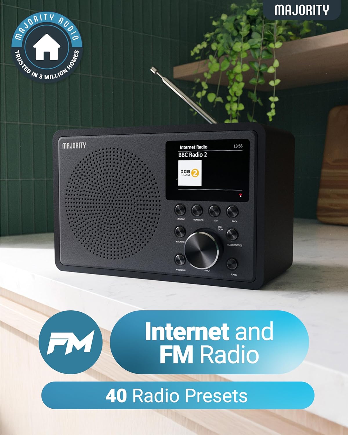 Internet Radio for Home with WiFi and FM | DSP Speaker Perfect for Bedroom, Kitchen, and Living Room Use | FM, Spotify Connect, Multi-Alarm
