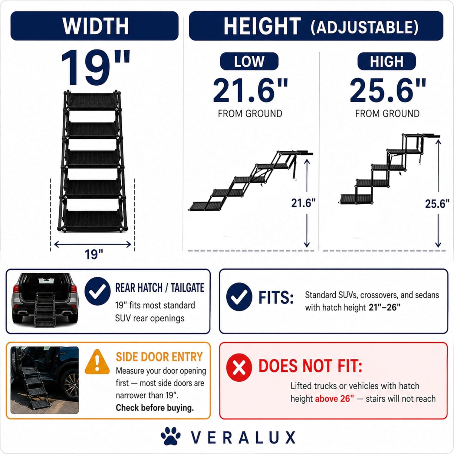 VERALUX 5 Step Foldable Dog Stairs for Large Dogs | Folding & Collapsible Dog Stairs for Car & SUV | Steps for Dogs to Get in Car | XL Lift Harness