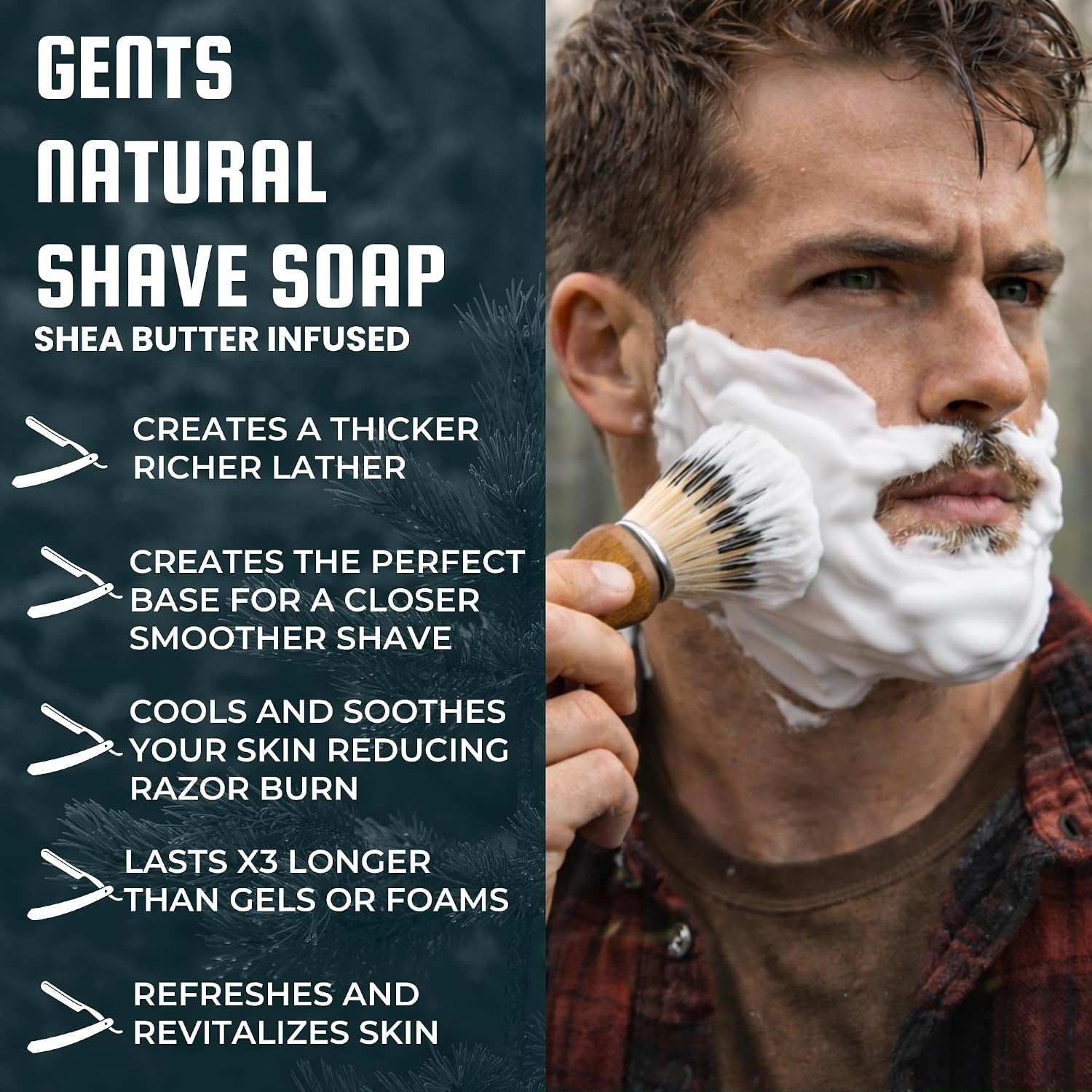 GENTS All Natural Shaving Soap Set for Men, 3 Pack Cedar & Pine, Sandalwood, Bay Rum, Shea Butter Rich Lather, Barbershop Wet Shave Grooming Kit