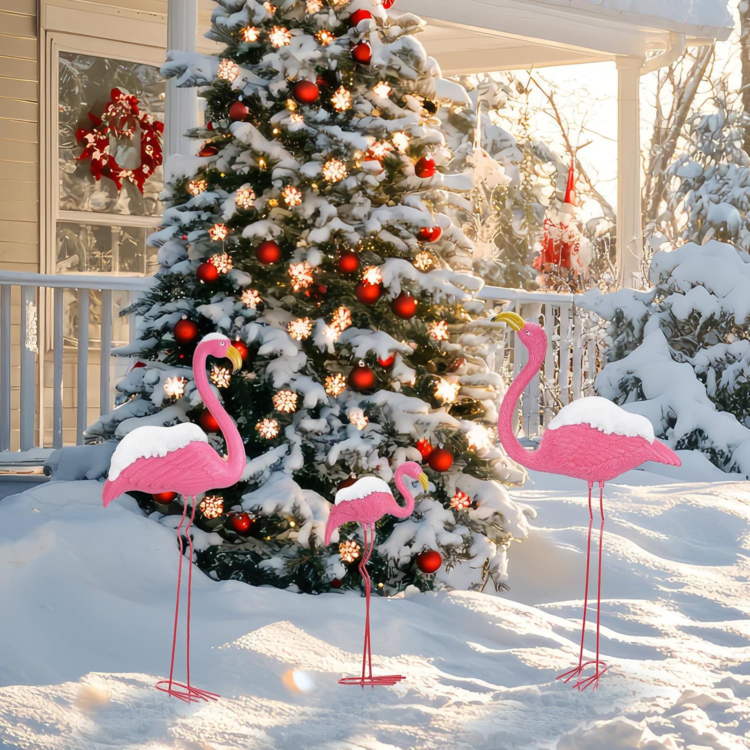 Ohuhu Family Flamingo Yard Ornaments, Set of 3 (32", 31", 19"), Pink | Metal Feet Stakes Bright Pink Flamingos Family, Garden Yard Patio Decoration