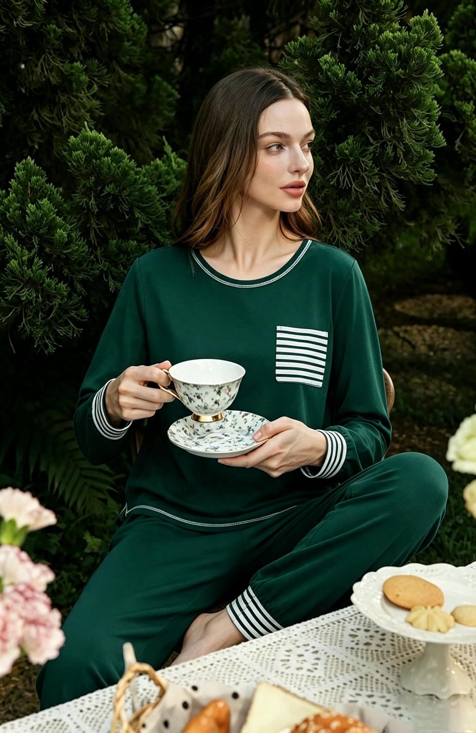 SWOMOG Women’s Pajamas Set Long Sleeve Sleepwear with Long Pants Soft Modal Loungewear Pj Set