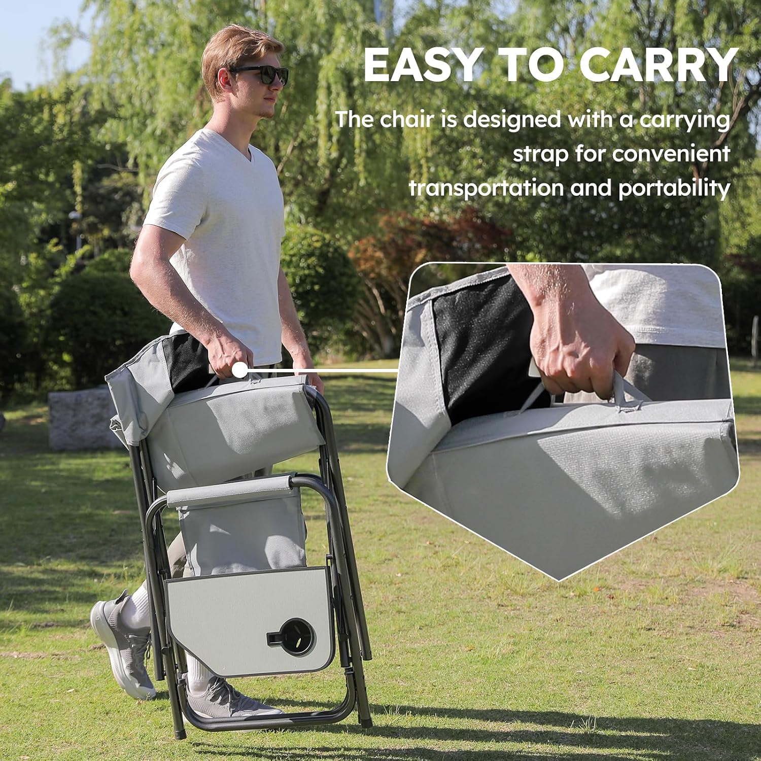 Colegence Oversized Directors Camping Chair for Adults, 600 lb, Black | Heavy duty folding outdoor chair with 28" wide seat, supportive back, side table, cup holder and detachable storage pocket