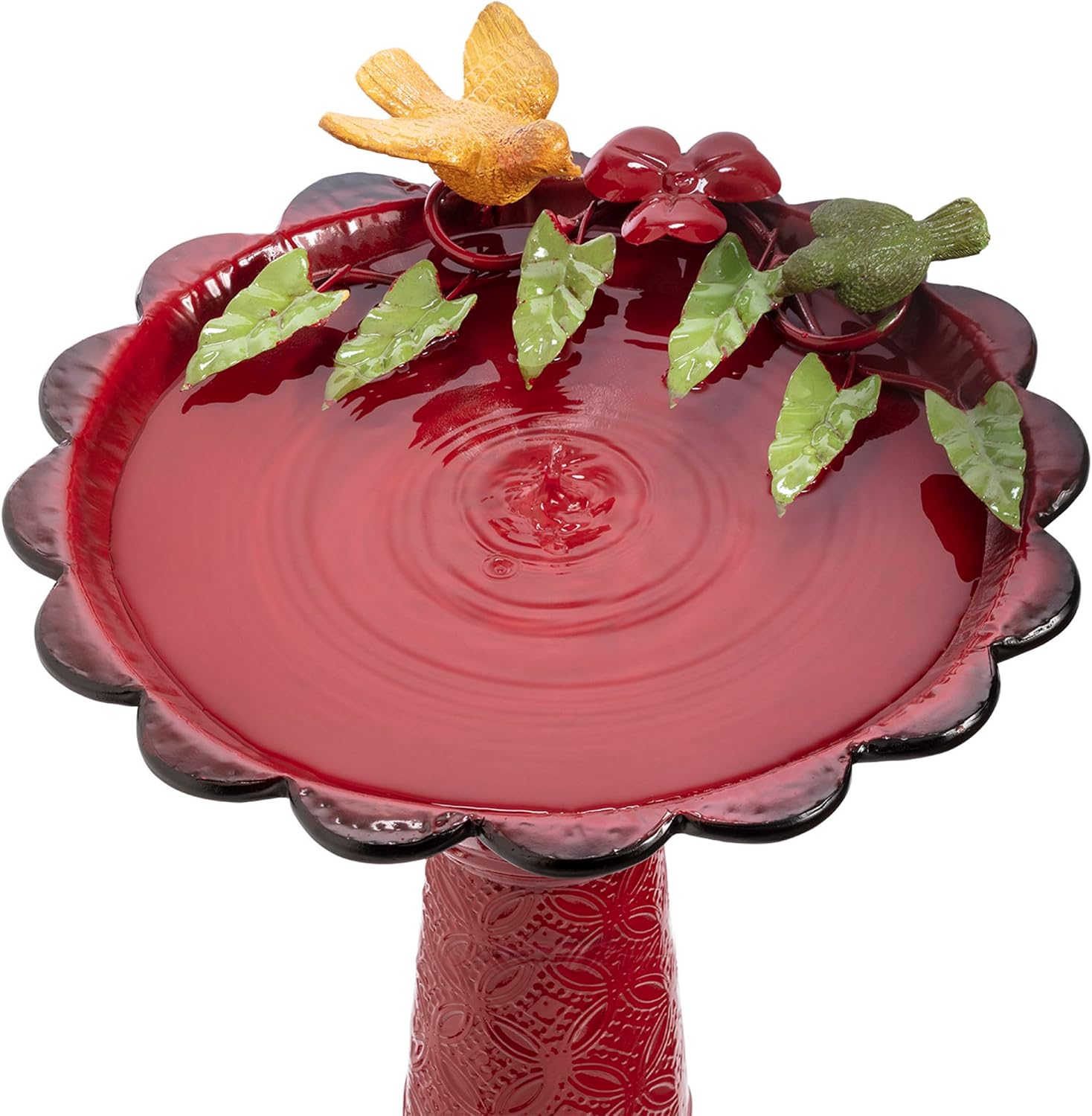 Alpine Corporation - 28" Tall Outdoor Metal Birdbath with Birds and Leaves Yard Statue Decoration, Red – Stunning Garden Accent to Attract Birds - Durable Construction for Patio, Deck, or Yard