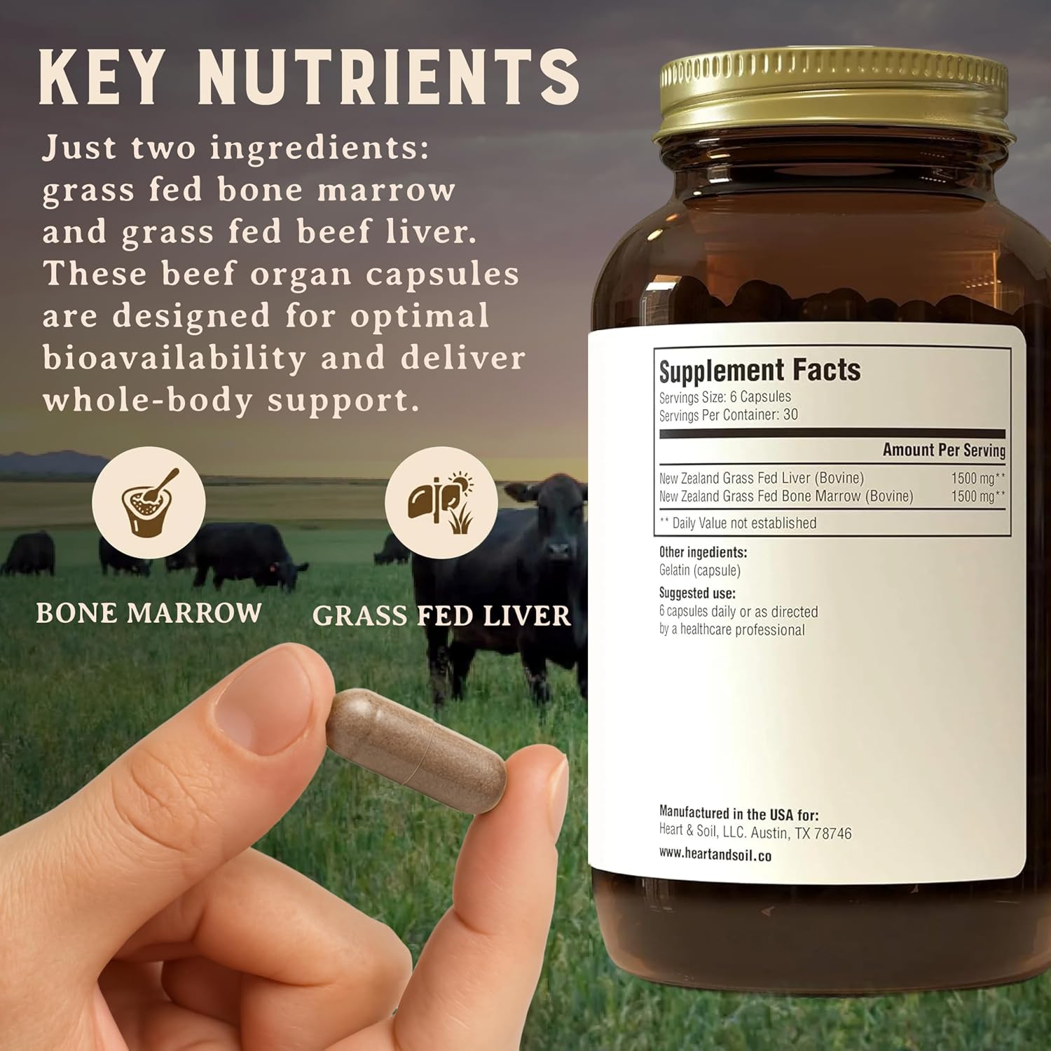 HEART & SOIL Bone Marrow & Beef Liver, 180 Capsules