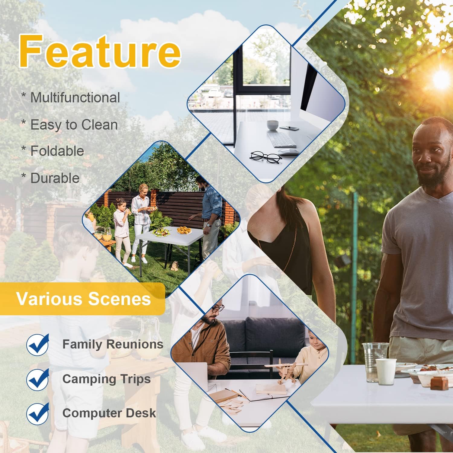 ZENY 6ft Folding Table, Portable Picnic Table, Plastic Table for Indoor Outdoor Picnic, Party, Camping, Heavy Duty Fold-up Table with Handle, White