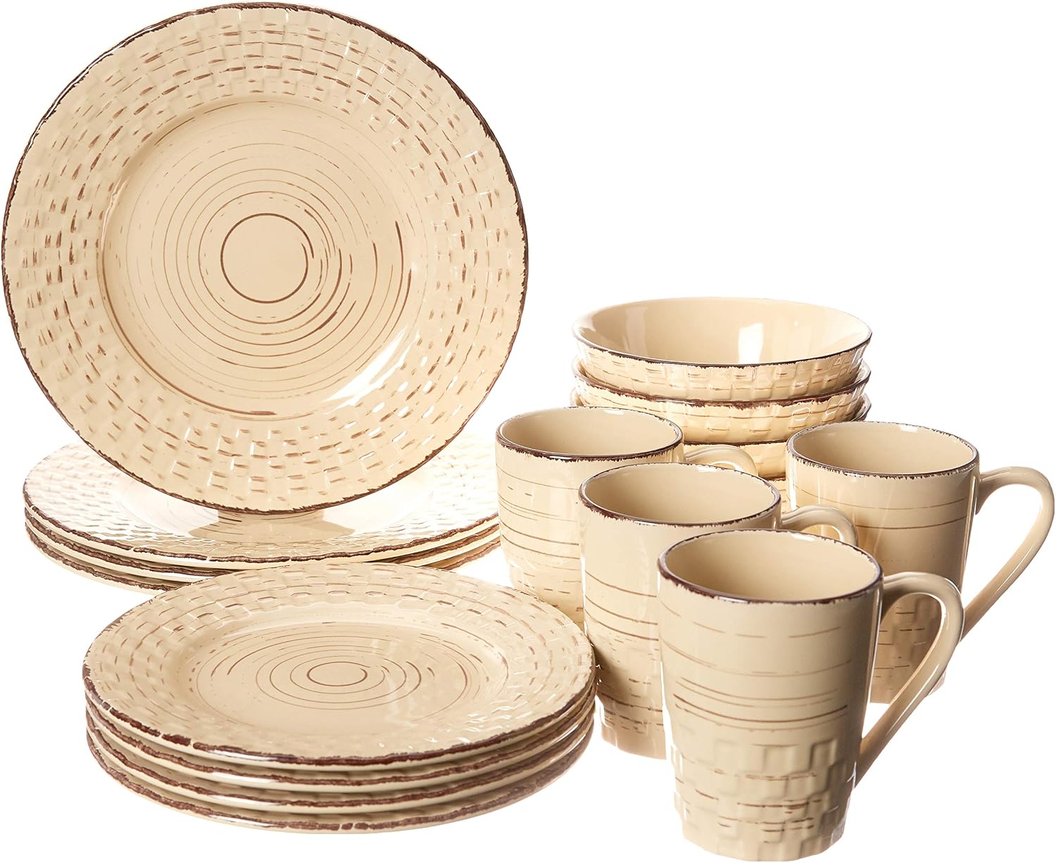 Lorren Home Trends Distressed Weave Dinnerware Set, Buttercup, 16 Piece | Service for 4