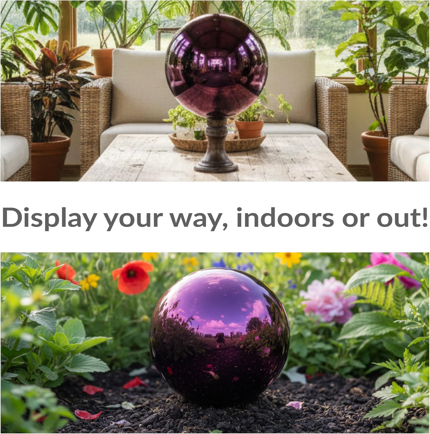 Sunnydaze 10-Inch Handblown Mirrored Glass Gazing Ball, Red | Reflective Outdoor Garden Globe Sphere, for Yard, Patio, Flower Bed, Walkway, and Landscape Decor, Stainless Steel Finish