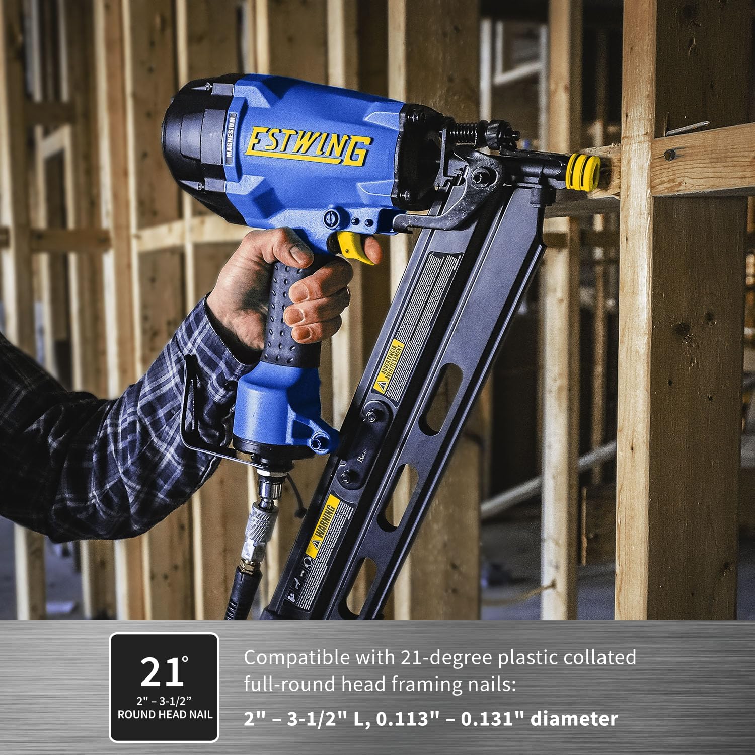 Estwing Pneumatic 21 Degree Framing Nailer, 2”–3-1/2” Framing Nails, Lightweight Magnesium Nail Gun with Depth Adjustment