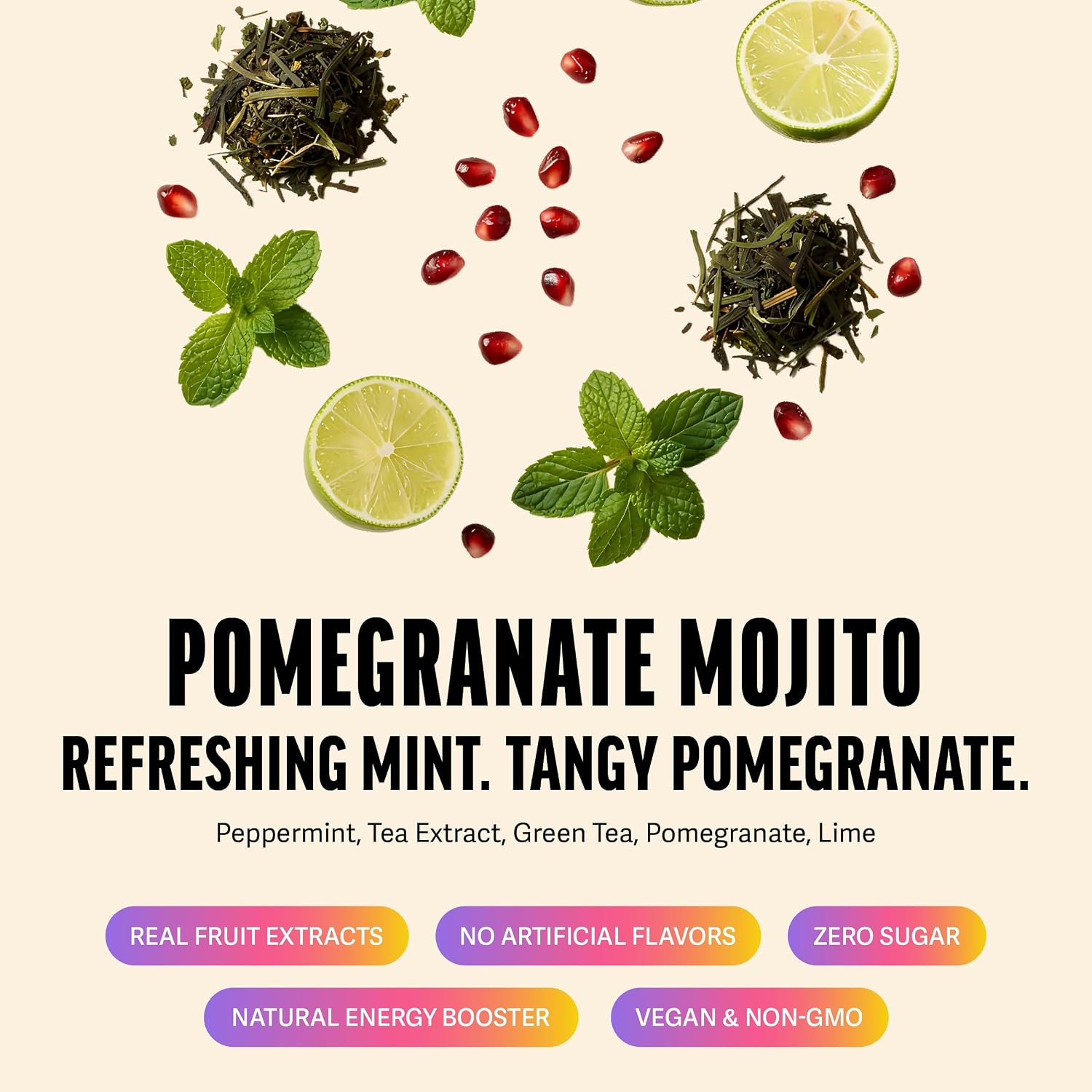 Zest Energy Green Tea – Pomegranate Mojito High Caffeine Tea Bags for Focus & Morning Energy – Natural Caffeinated Tea with 135mg Caffeine – Coffee Substitute – 20Ct Pack, Non-GMO & Keto Friendly