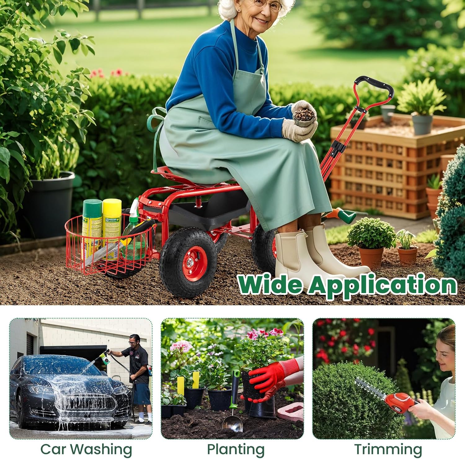 Giantex Rolling Garden Cart with Seat, 4-Wheel Gardening Workseat with Storage Basket, Swivel Stool Adjustable Seat, Steering Handle