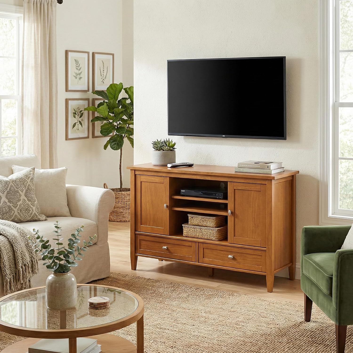 SIMPLIHOME Warm Shaker 47" Wide Solid Wood TV Stand in Light Golden Brown