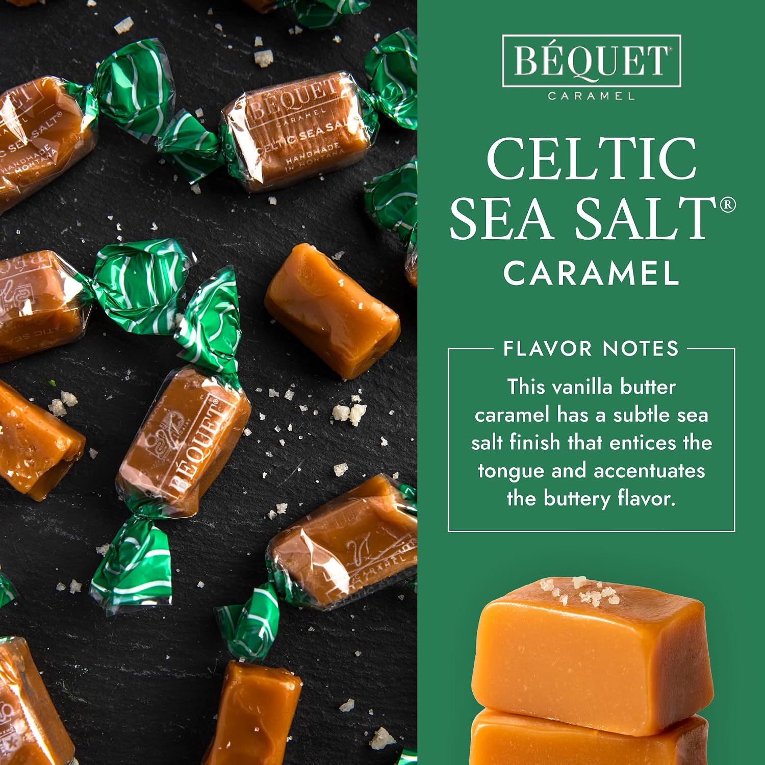 Béquet Celtic Sea Salt Caramels - Individually Wrapped Candy - 8oz Gift Bag | Ready-to-gift bag. Small-batch caramel made in Montana with real cream and butter, Kosher Star-D, gluten free, non-GMO