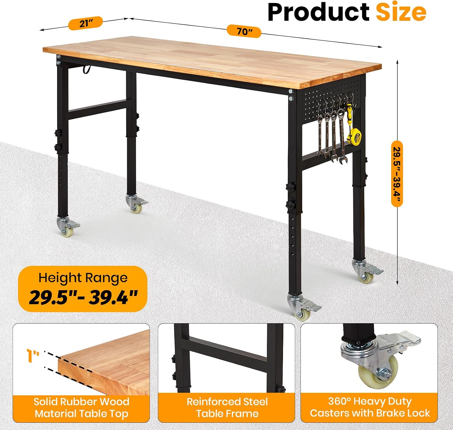 48" Adjustable Workbench, 8-Level Height Adjustable Rolling Work Table with Casters & Scale, Sit & Stand 2-in-1 Garage Tool Table with Pegboard & Hooks, for Workshop, Warehouse, DIY Projects