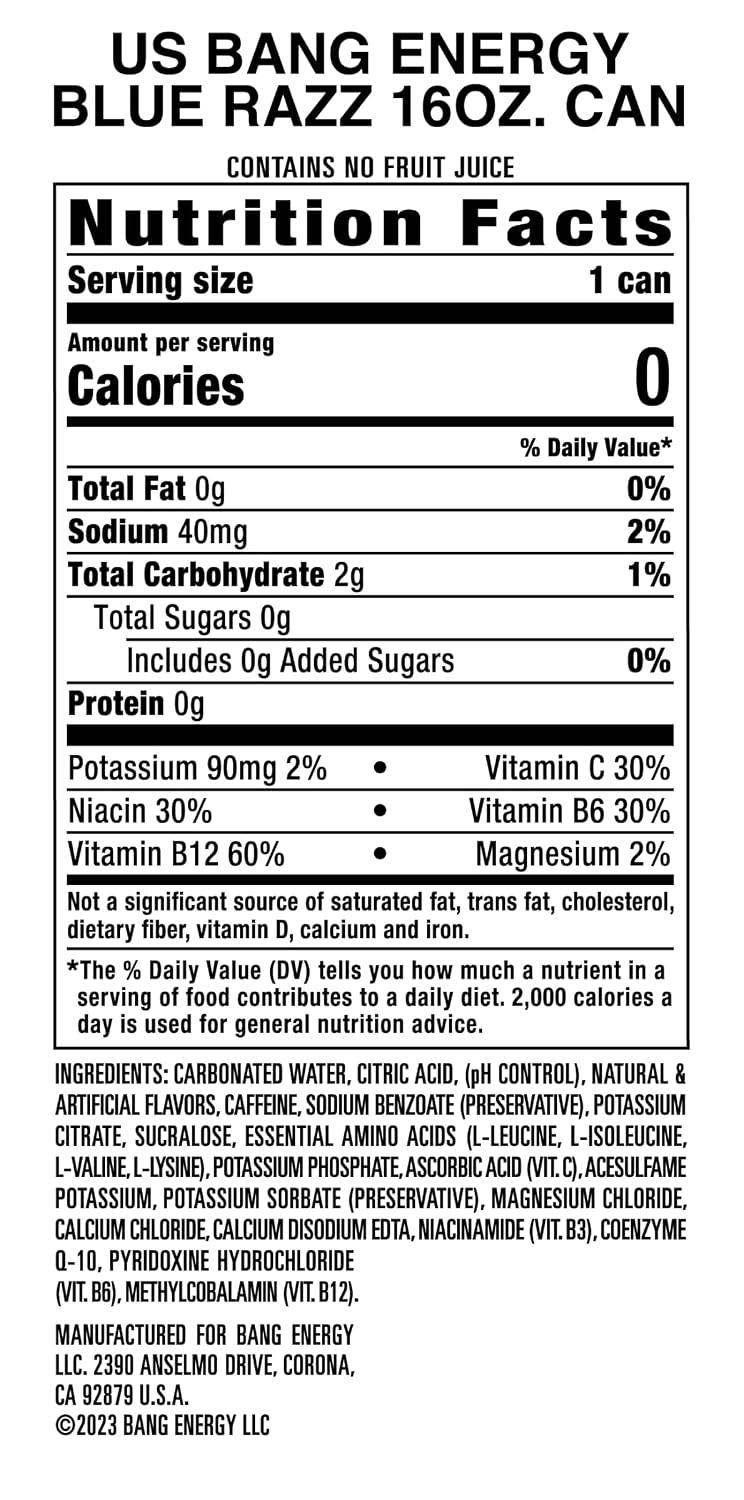 Bang Energy Blue Razz, Sugar-Free Energy Drink, 16-Ounce | Pack of 12