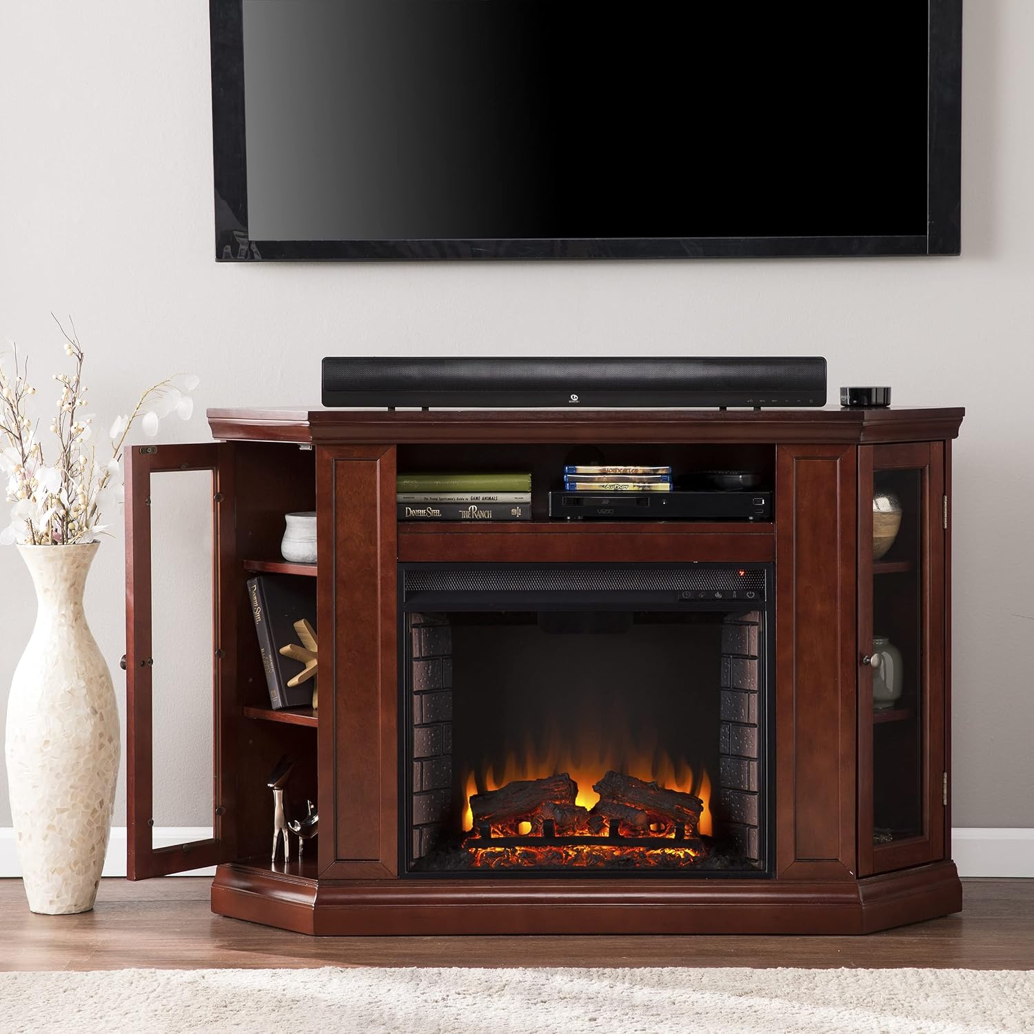 SEI Furniture Claremont Convertible Corner Electric Fireplace Media Stand with Storage, Black