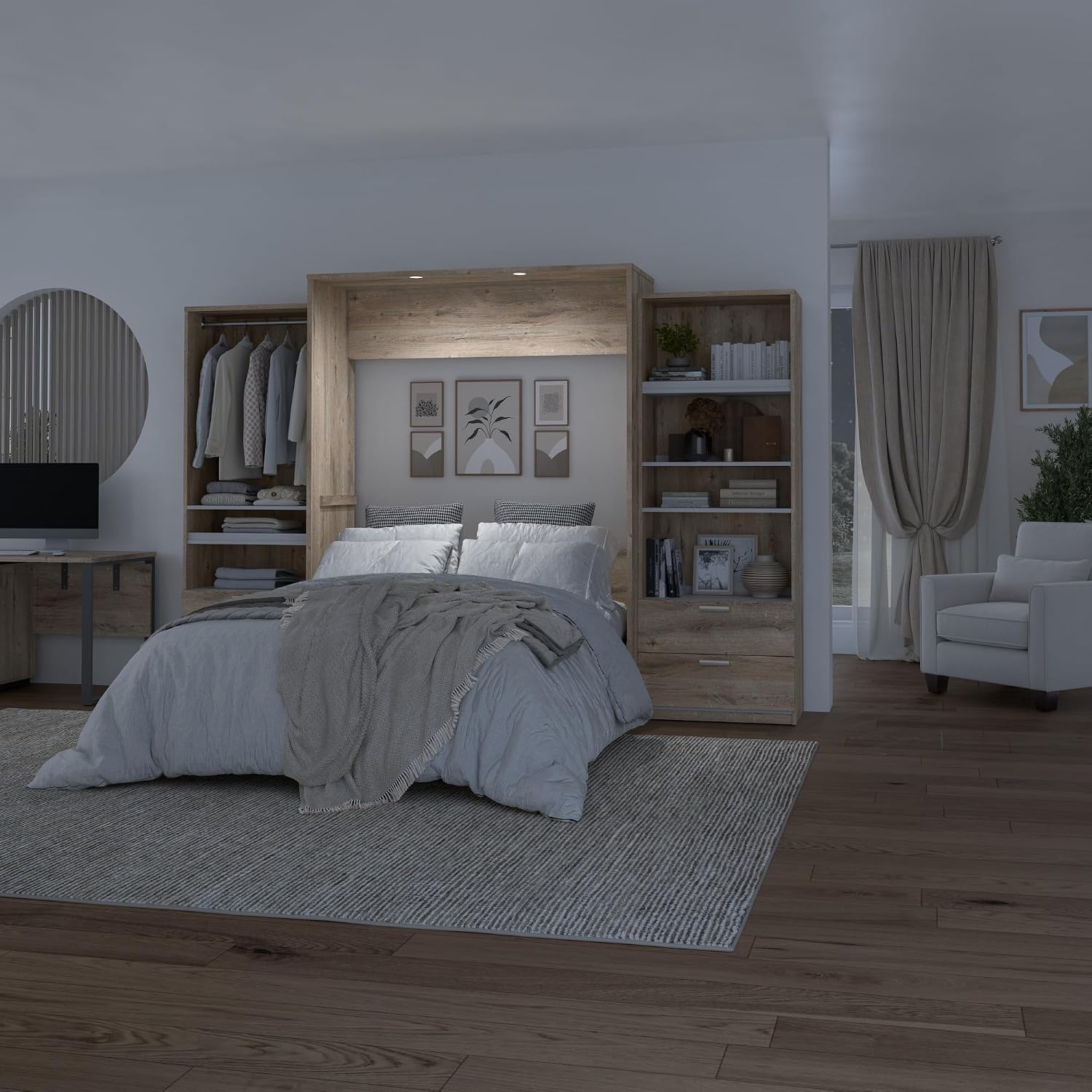 Bestar Cielo Queen Murphy Bed with 2 Closet Organizers with Drawers (125W) in Rustic Brown and White, Sleeping Arrangement for Multipurpose Room