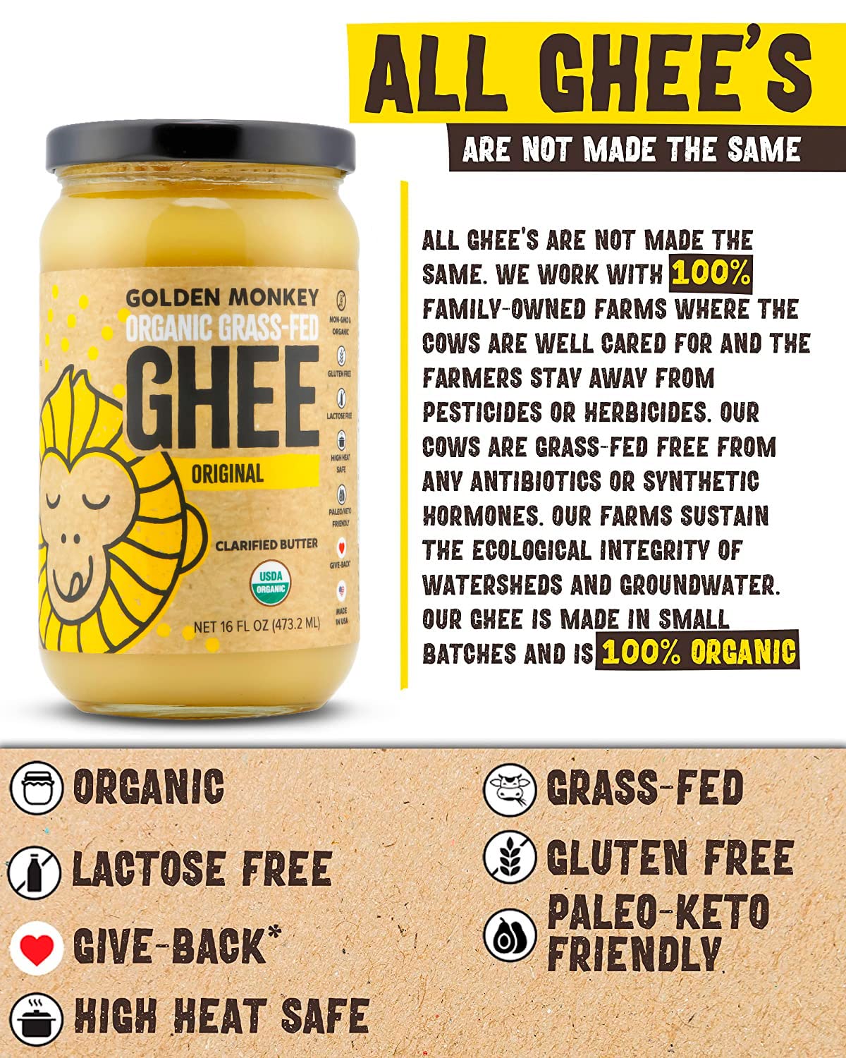 GOLDEN MONKEY Organic Ghee Butter – Grass Fed Clarified Butter for Cooking, Baking