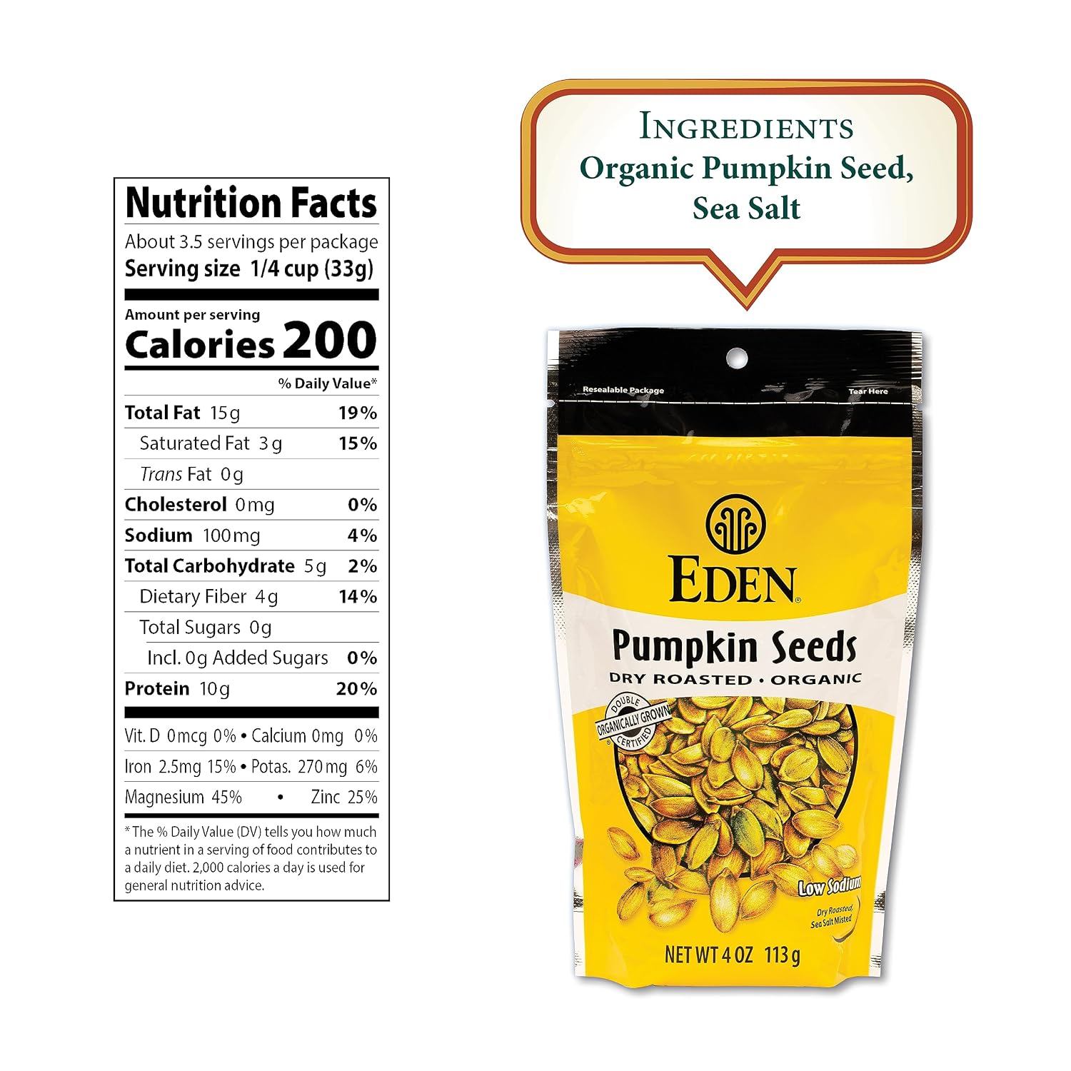 Eden Organic Pumpkin Seeds, Shelled, Dry Roasted and Lightly Sea Salted, to Eat, 4 oz (6-Pack)