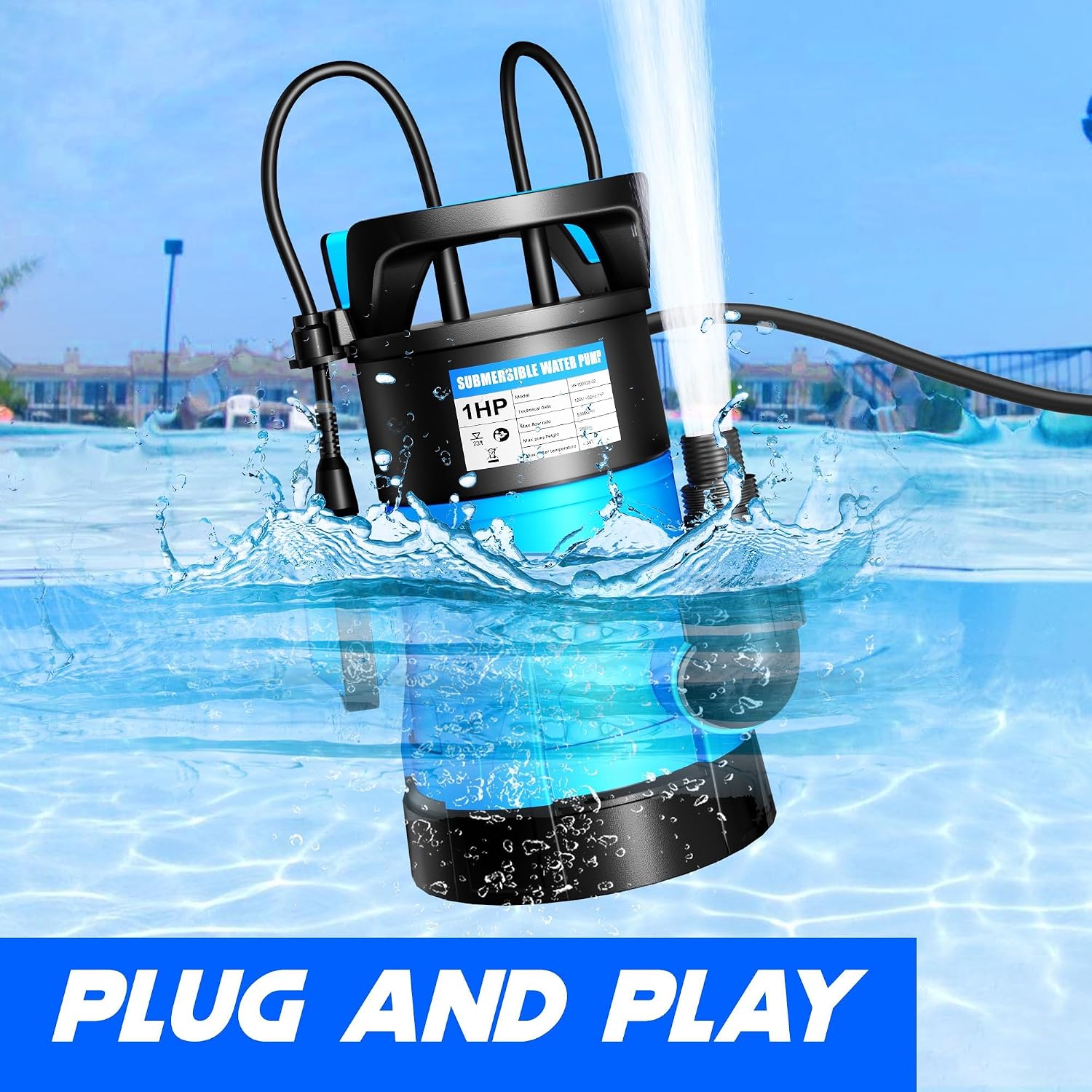 1HP Submersible Sump Pump, 5300GPH High Flow Dirty Clean Submersible Water Pump with Automatic Float Switch, 26FT Long Cord for Swimming Pool