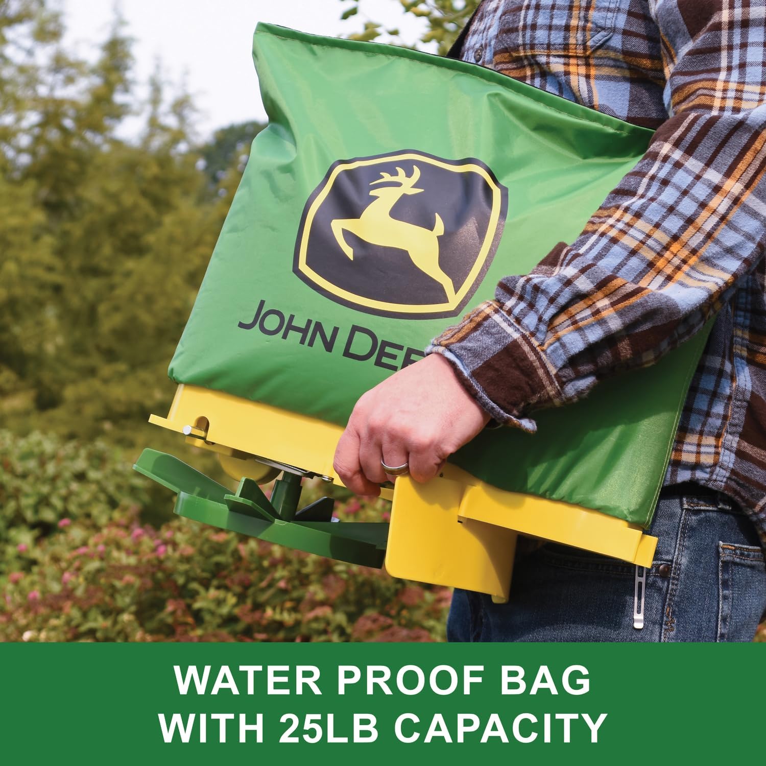 John Deere 25 lb Handheld Bag Seeder Spreader with Waterproof Bag, Enclosed Gears, Adjustable Shoulder Strap, Rear Baffle