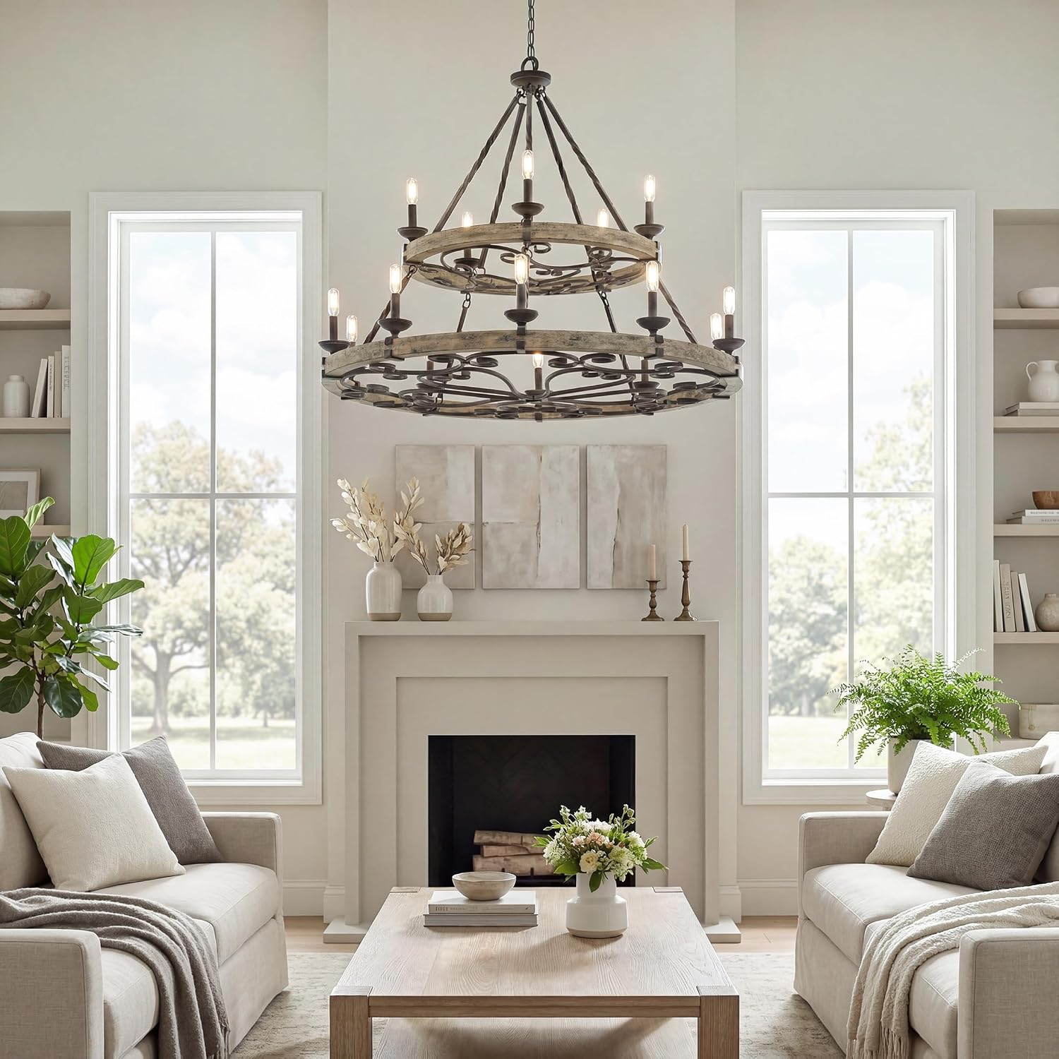 Kichler Taulbee 15-Light 2-Tier Chandelier, Weathered Zinc | Two-tier chandelier with weathered gray wood accents (44" x 38.75"), 43826WZC
