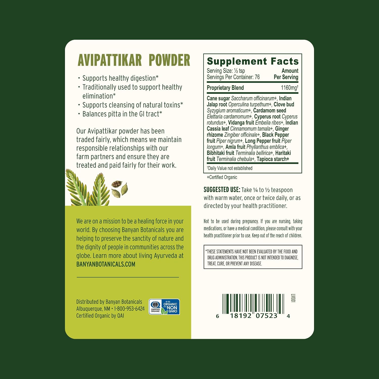 Banyan Botanicals Avipattikar Powder – Organic Digestion Supplement with Ginger, Cardamom & Vidanga ­­– Supports Healthy Stomach Acid Balance* – ½ lb. – Non-GMO Sustainably Sourced Vegan