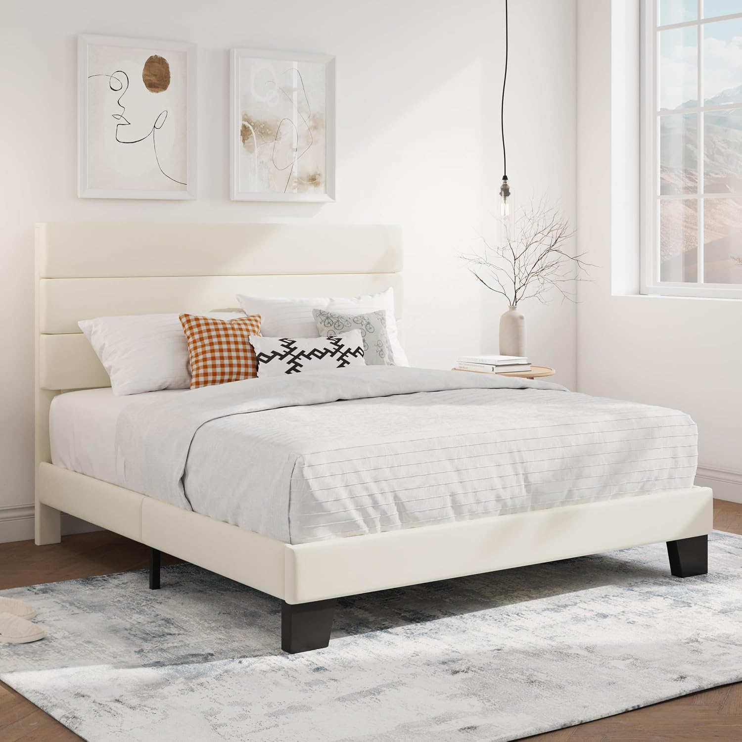 SHA CERLIN Full Platform Bed Frame with Upholstered Fabric Headboard, Grey