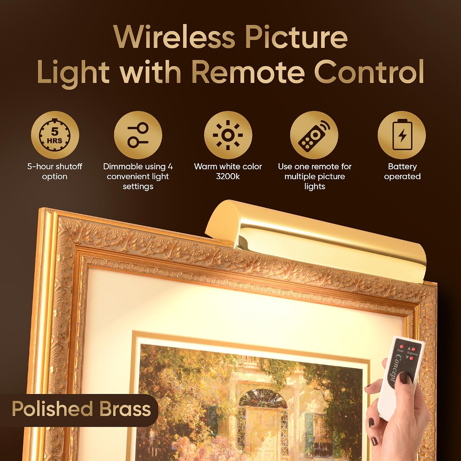 Concept Lighting 102L Cordless Remote Control LED Picture Light- 11 1/2 inch Antique Brass With Silver Undertones